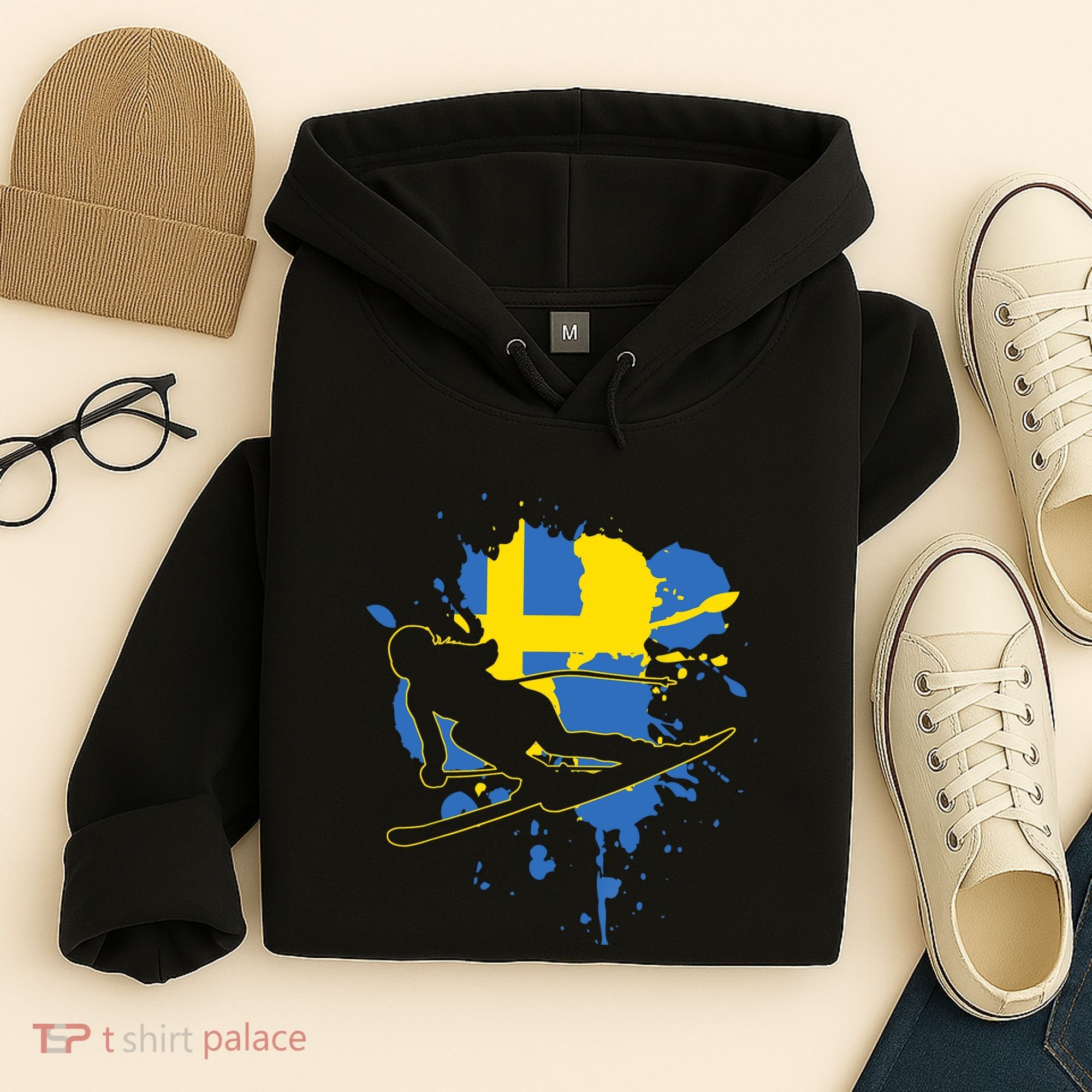 Sweden Flag Skier Swedish Alpine Skiing Hoodie