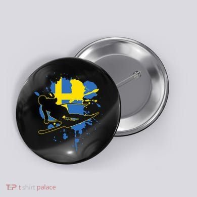 Sweden Flag Skier Swedish Alpine Skiing Button