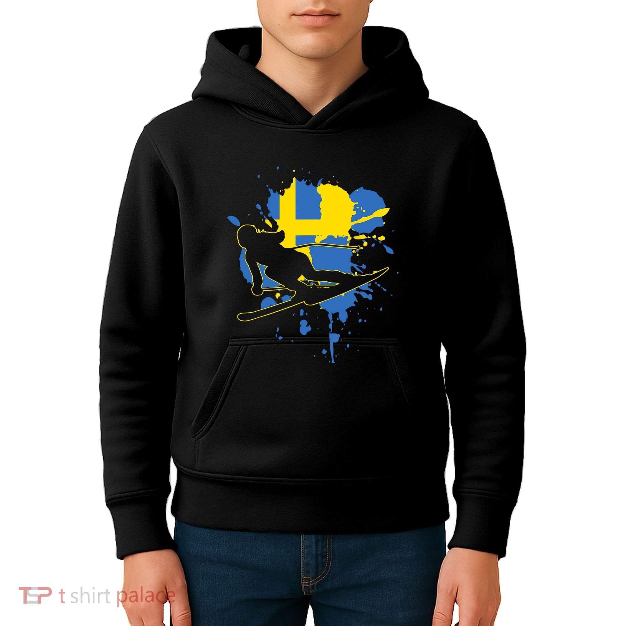 Sweden Flag Skier Swedish Alpine Skiing Kids Hoodie