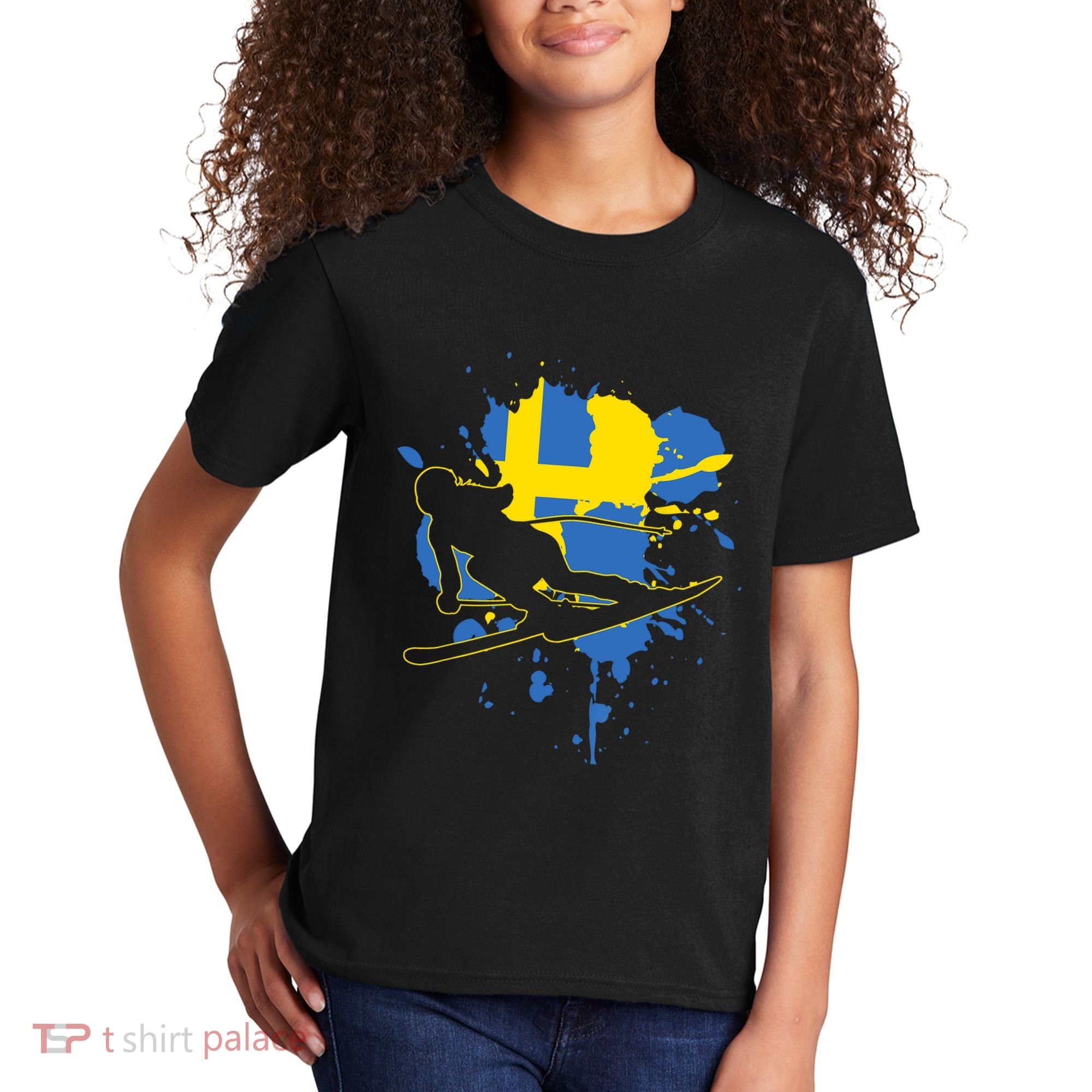 Sweden Flag Skier Swedish Alpine Skiing Kids T-Shirt