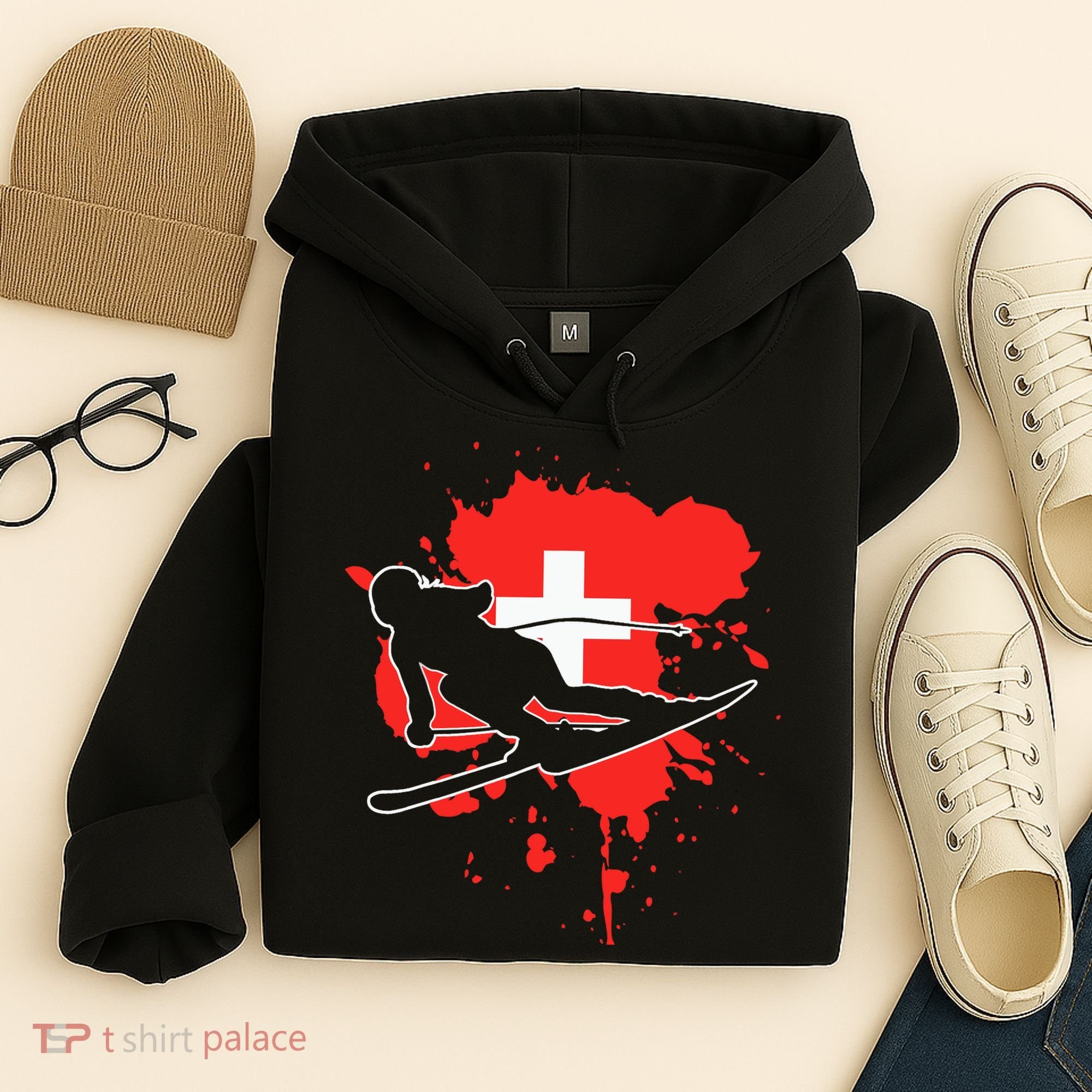Switzerland Flag Skier Swiss Alpine Skiing Hoodie