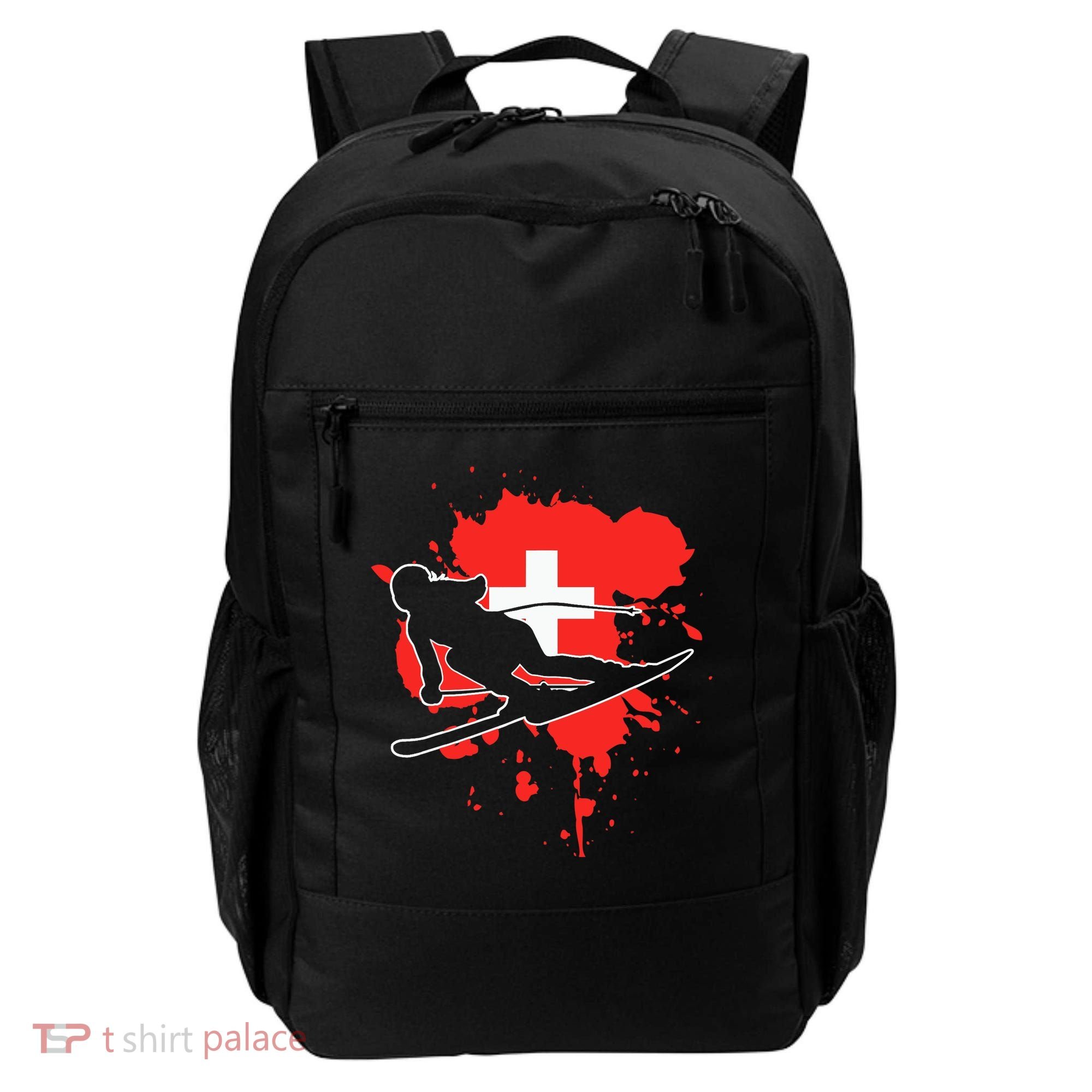 Switzerland Flag Skier Swiss Alpine Skiing Backpack