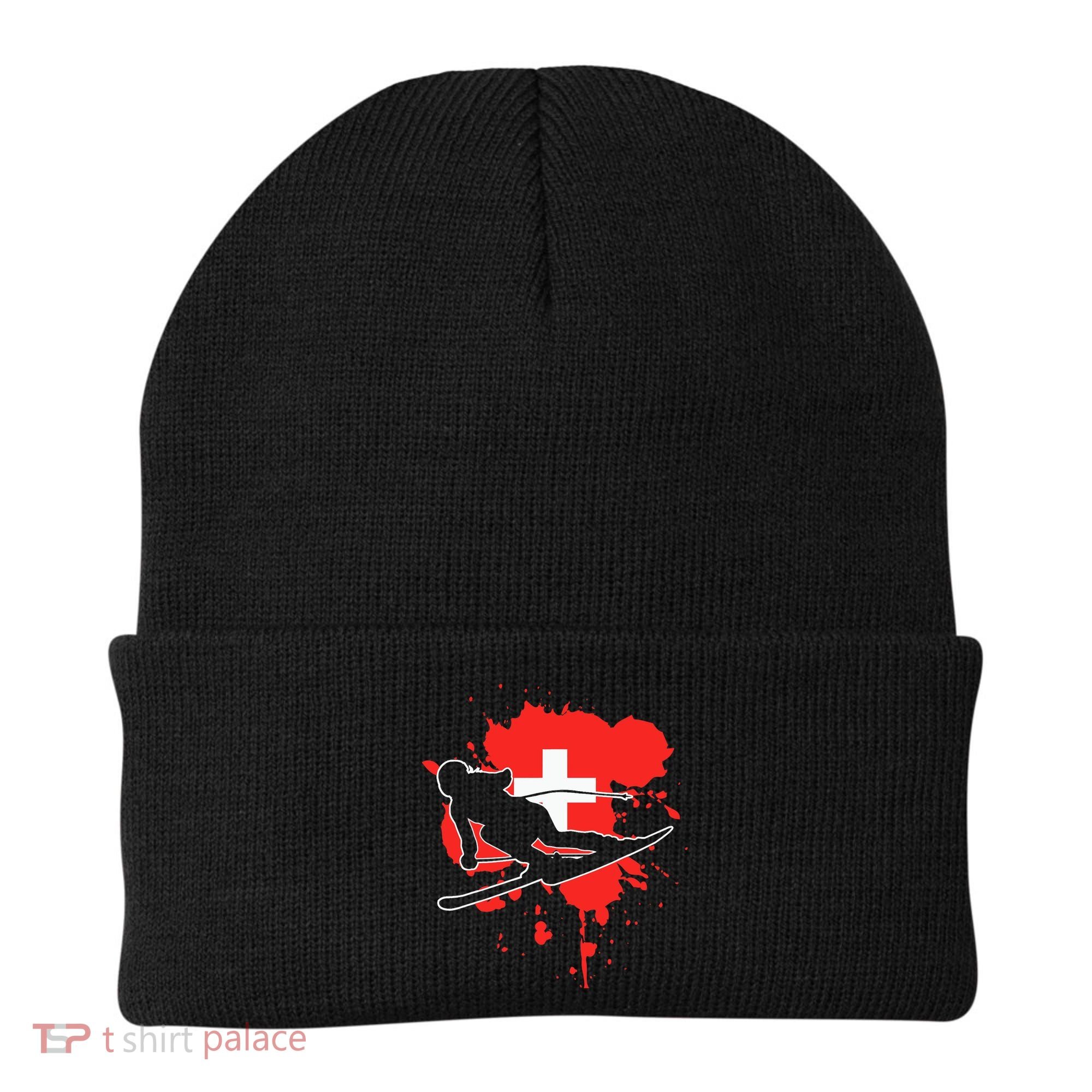 Switzerland Flag Skier Swiss Alpine Skiing Beanie