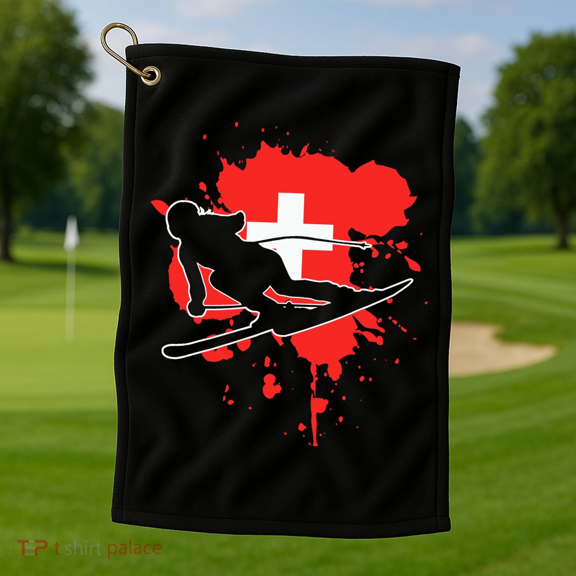 Switzerland Flag Skier Swiss Alpine Skiing Golf Towel