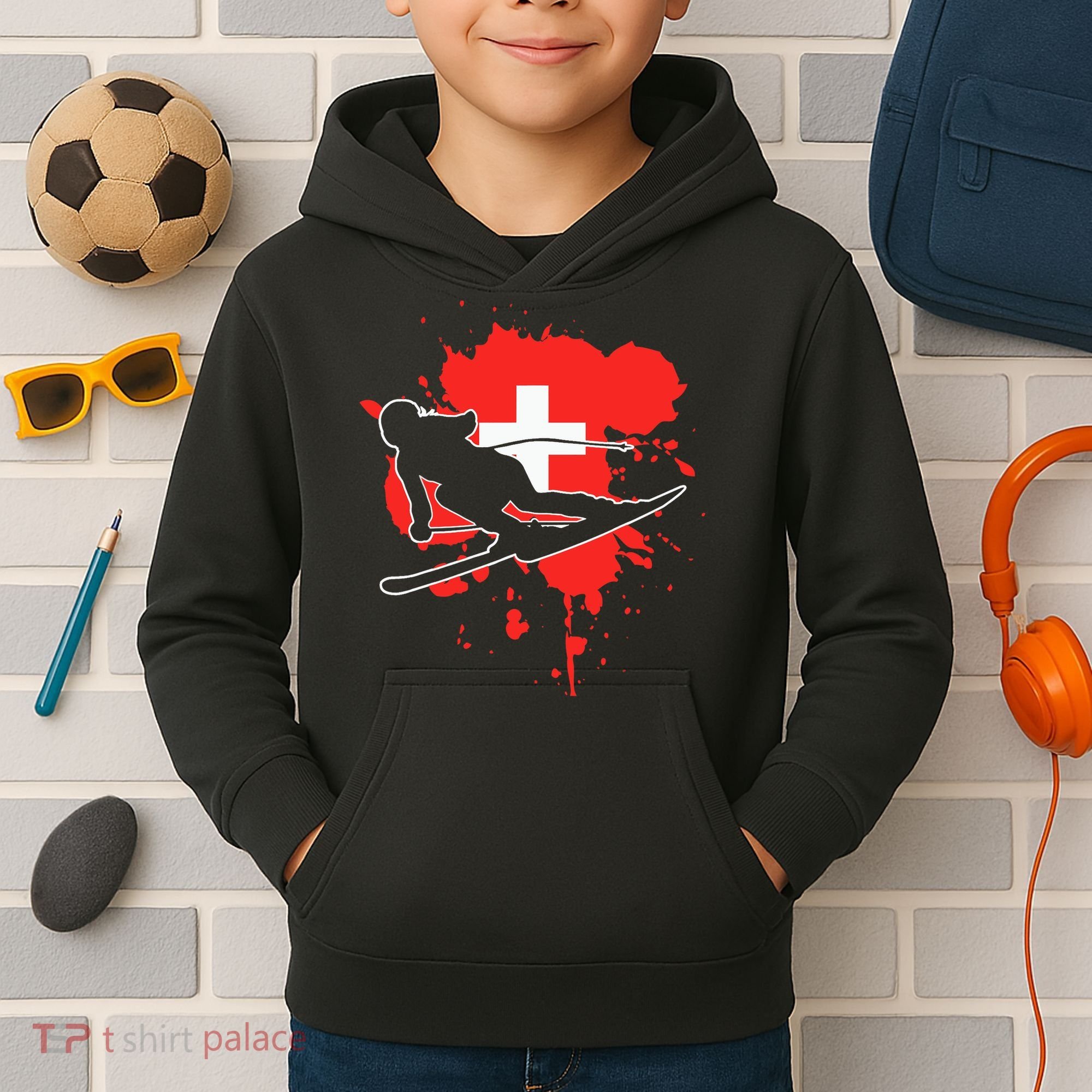 Switzerland Flag Skier Swiss Alpine Skiing Kids Hoodie