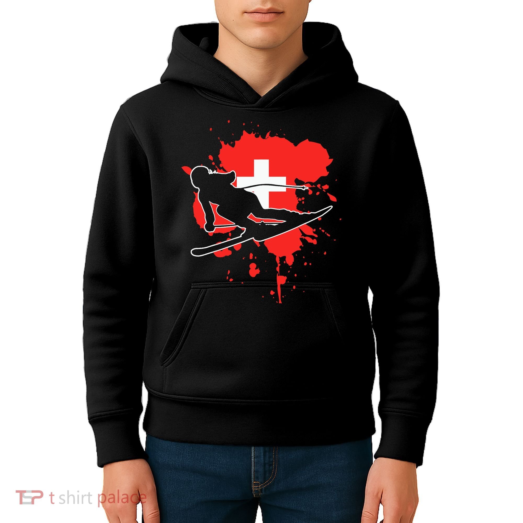 Switzerland Flag Skier Swiss Alpine Skiing Kids Hoodie