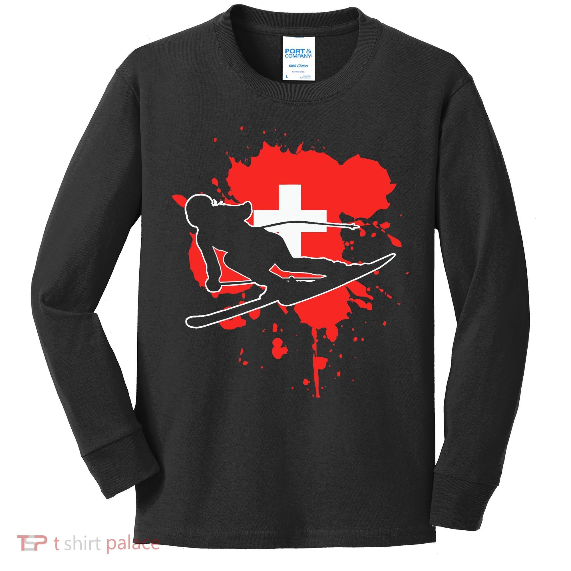 Switzerland Flag Skier Swiss Alpine Skiing Kids Long Sleeve Shirt