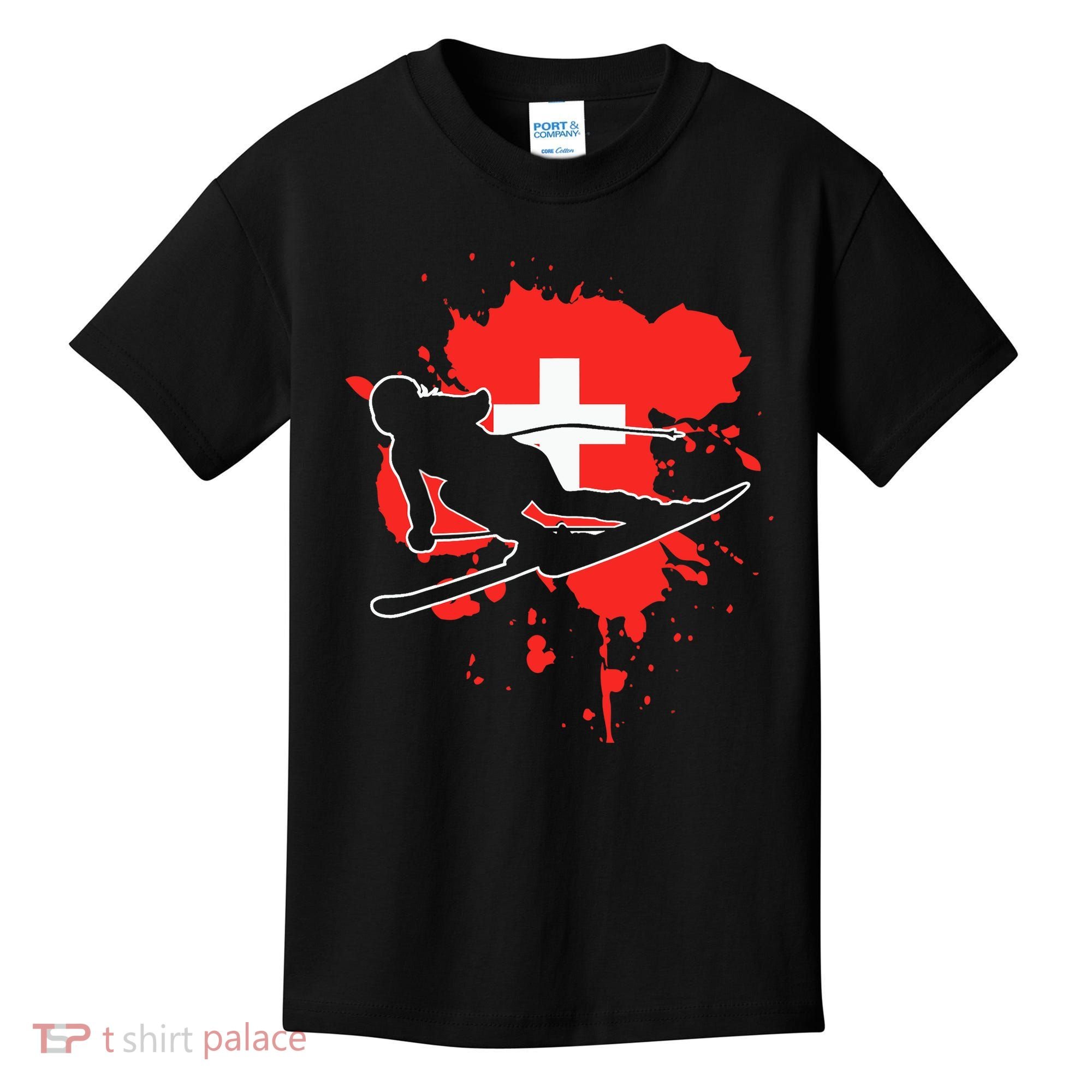 Switzerland Flag Skier Swiss Alpine Skiing Kids T-Shirt