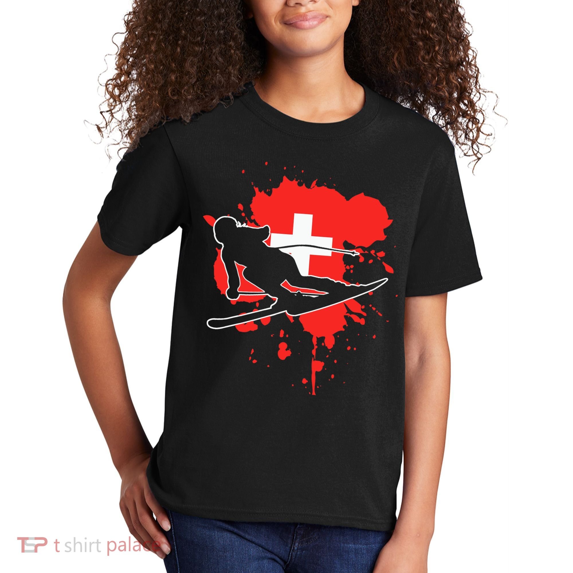 Switzerland Flag Skier Swiss Alpine Skiing Kids T-Shirt
