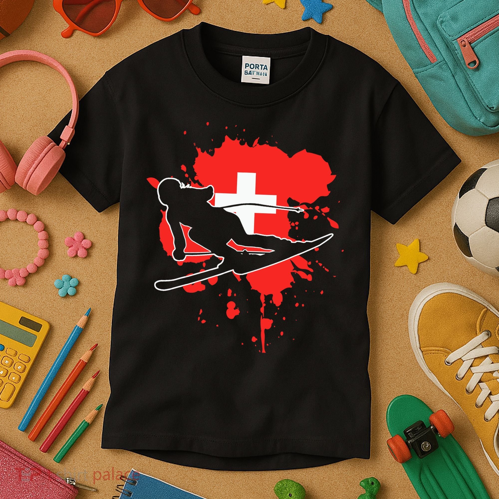 Switzerland Flag Skier Swiss Alpine Skiing Kids T-Shirt