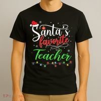 Santas Favorite Teacher Funny Christmas Santa Hat Light TShirt T-Shirt thumb 3