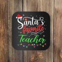 Santas Favorite Teacher Funny Christmas Santa Hat Light TShirt Coaster thumb 0