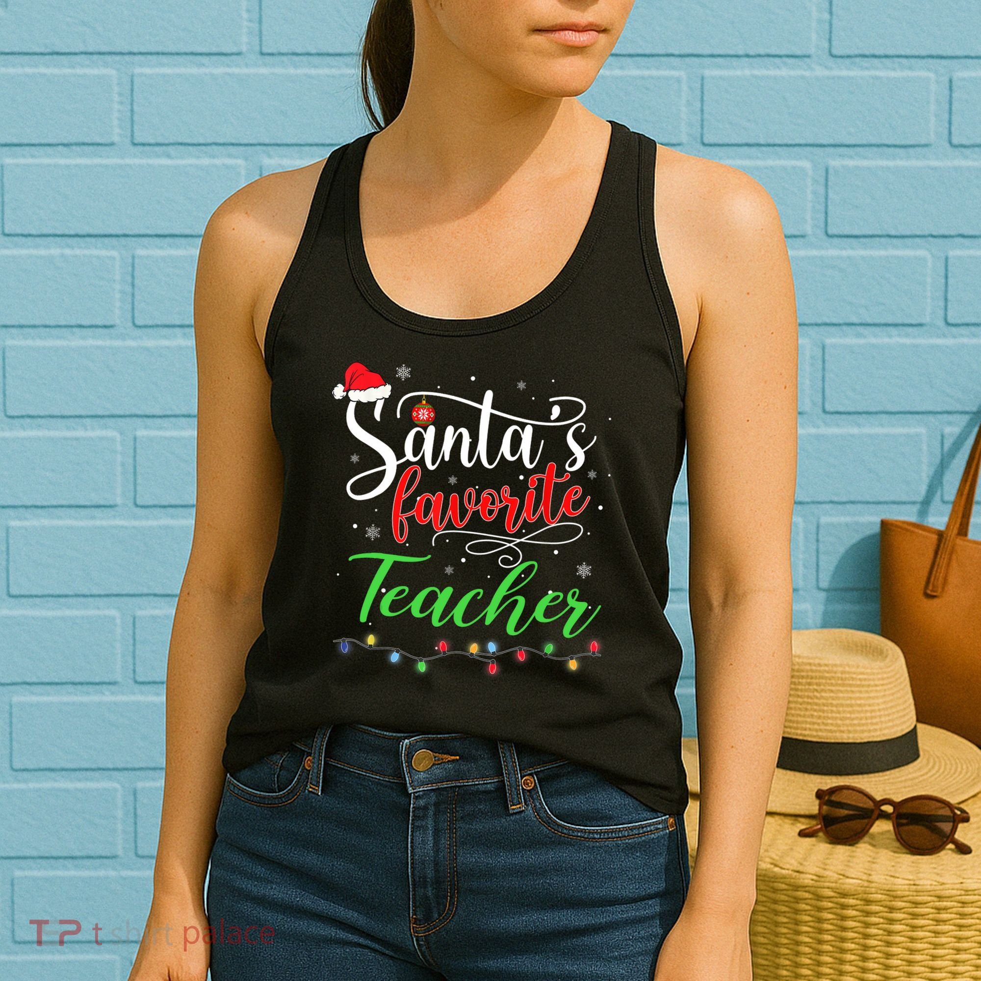 Santas Favorite Teacher Funny Christmas Santa Hat Light TShirt Women's Tank Top
