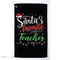 Santas Favorite Teacher Funny Christmas Santa Hat Light TShirt Golf Towel thumb 0