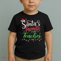 Santas Favorite Teacher Funny Christmas Santa Hat Light TShirt Toddler T-Shirt thumb 2