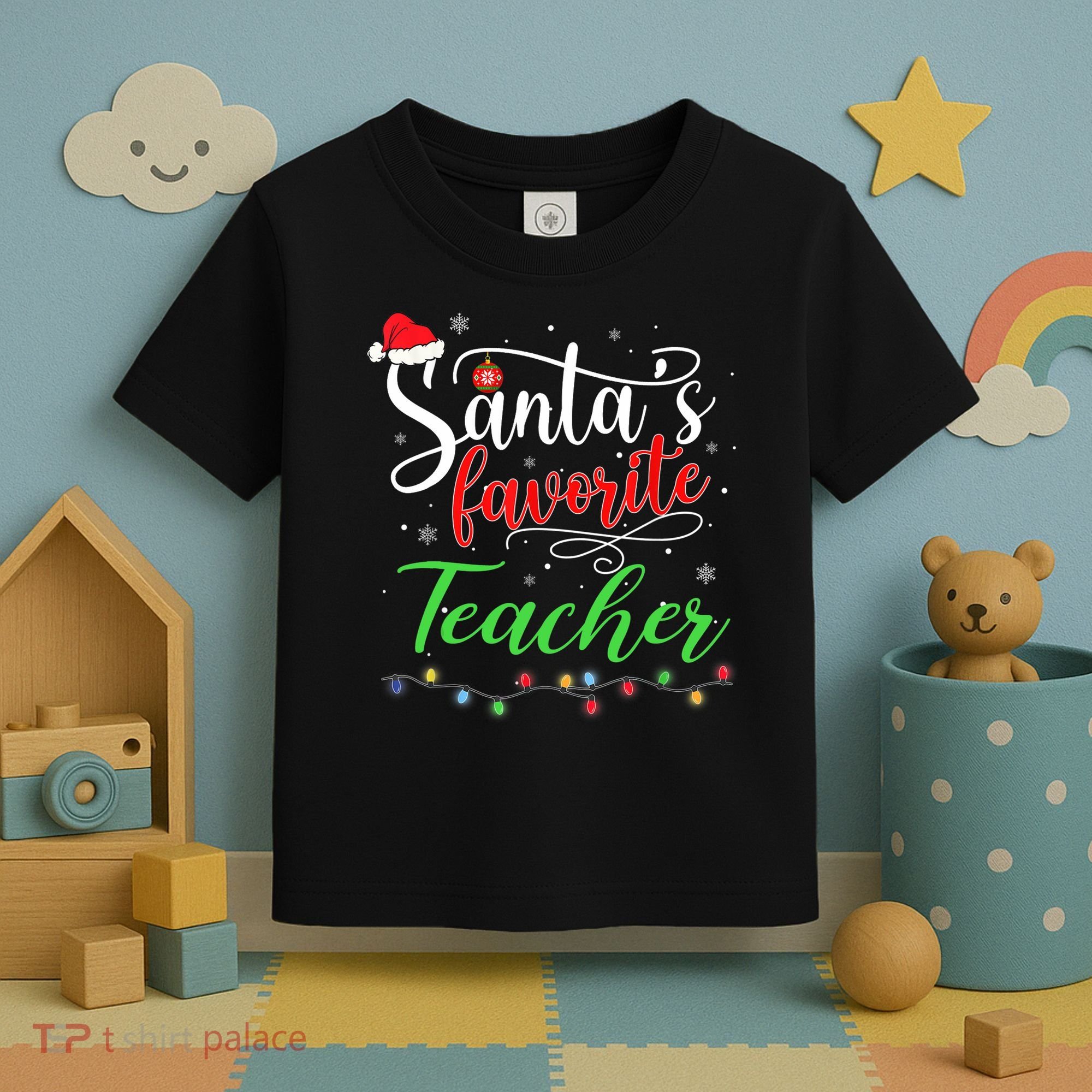 Santas Favorite Teacher Funny Christmas Santa Hat Light TShirt Toddler T-Shirt