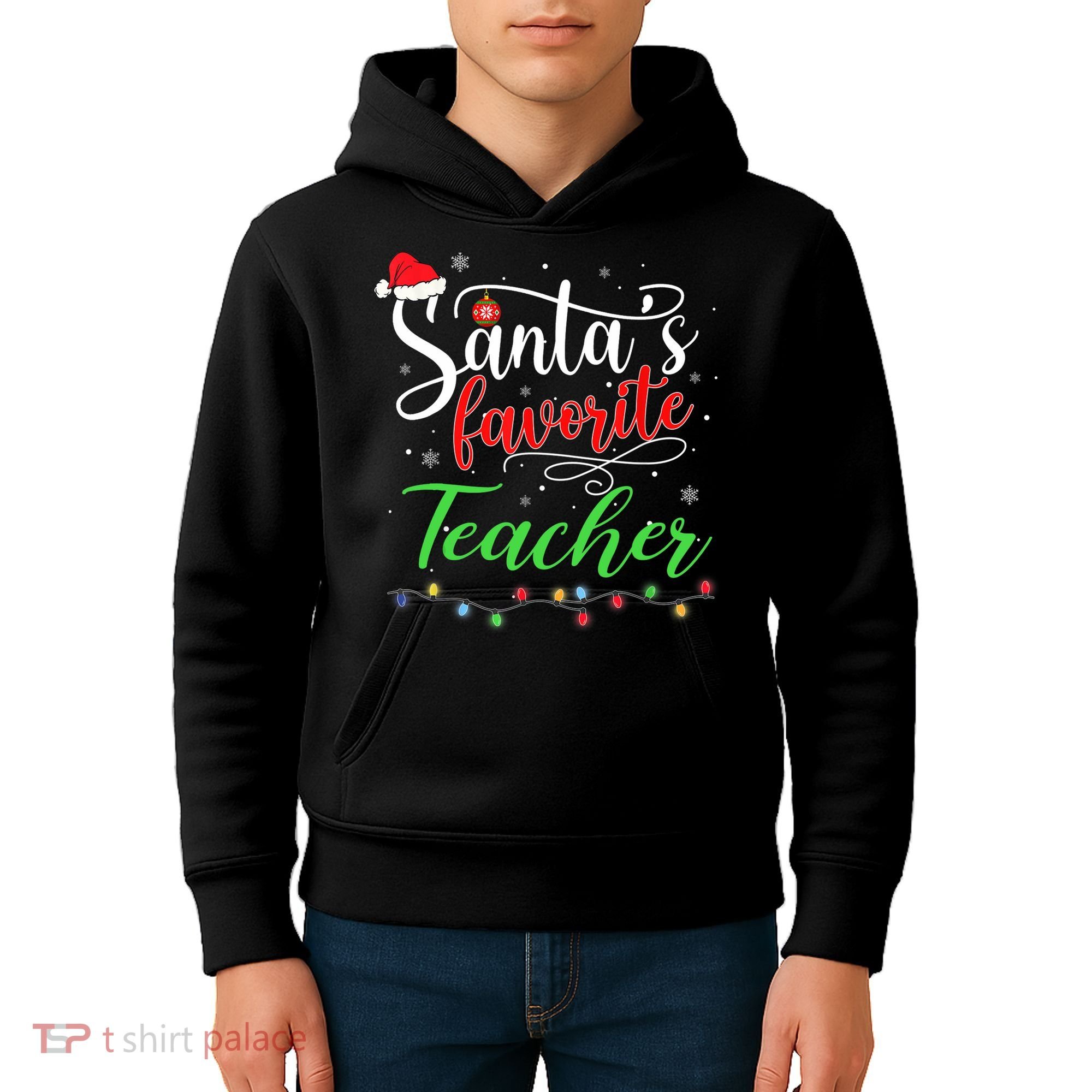 Santas Favorite Teacher Funny Christmas Santa Hat Light TShirt Kids Hoodie