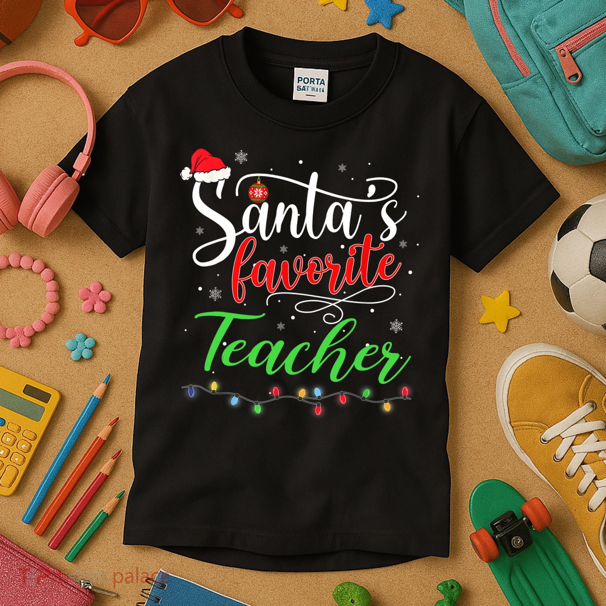 Santas Favorite Teacher Funny Christmas Santa Hat Light TShirt Kids T-Shirt
