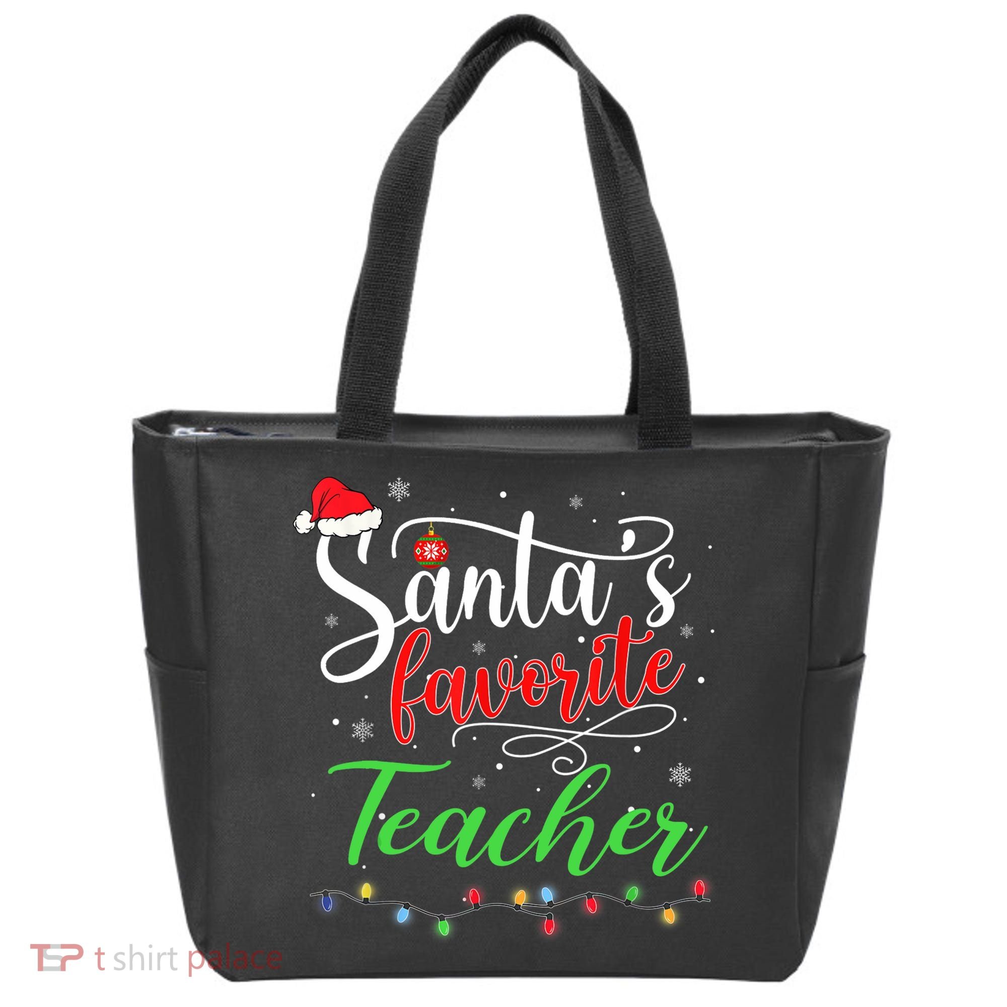 Santas Favorite Teacher Funny Christmas Santa Hat Light TShirt Tote Bag