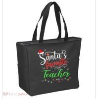 Santas Favorite Teacher Funny Christmas Santa Hat Light TShirt Tote Bag thumb 2