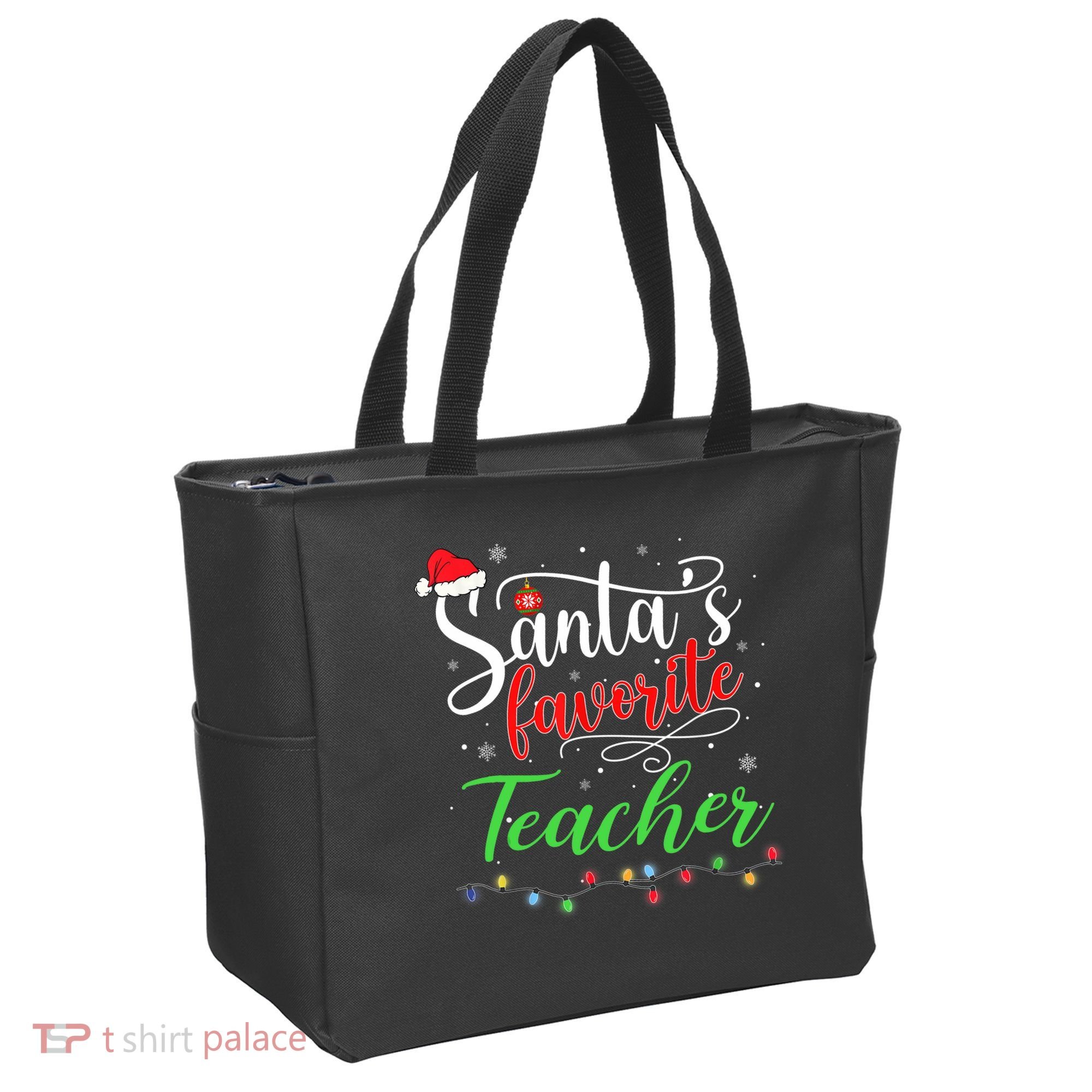 Santas Favorite Teacher Funny Christmas Santa Hat Light TShirt Tote Bag