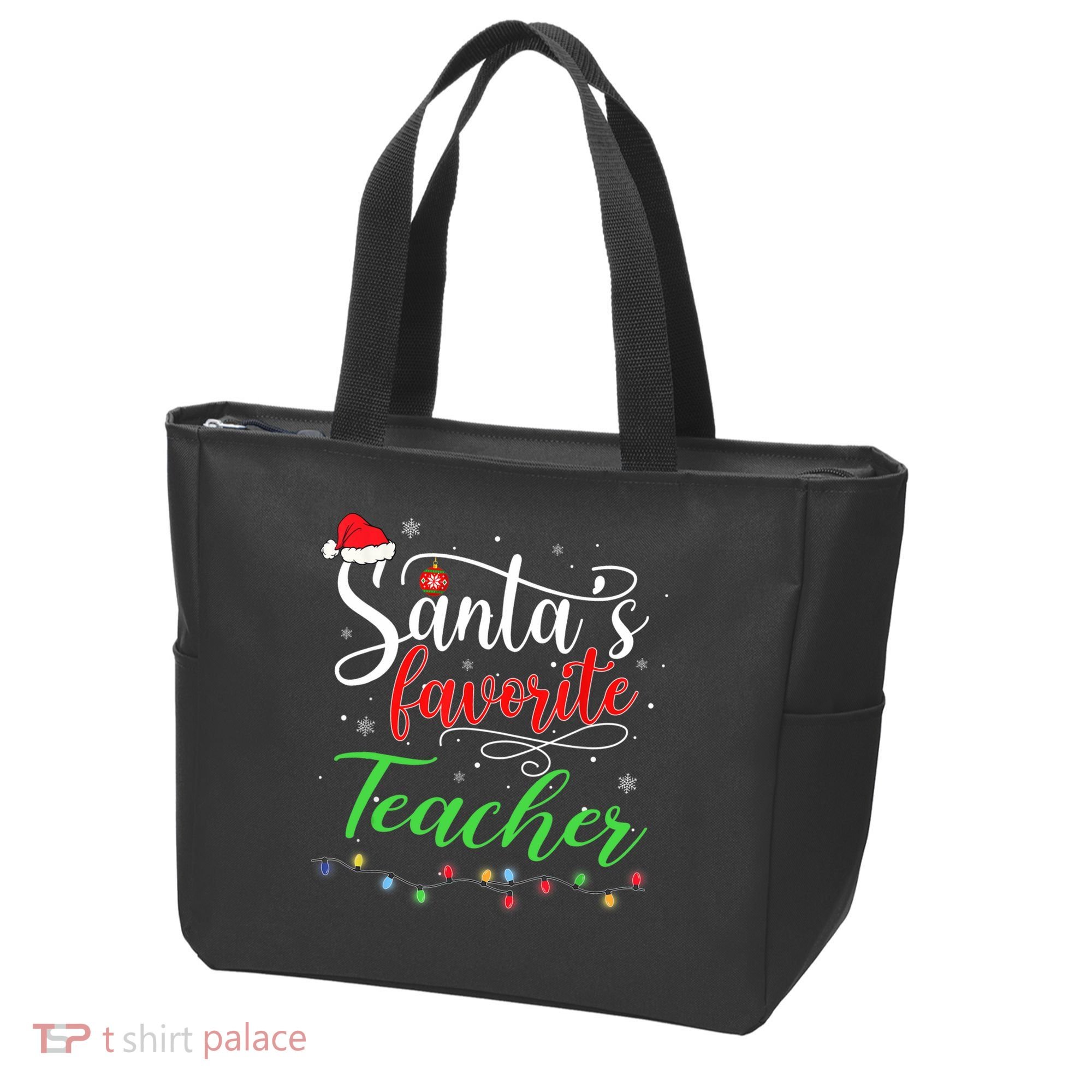 Santas Favorite Teacher Funny Christmas Santa Hat Light TShirt Tote Bag