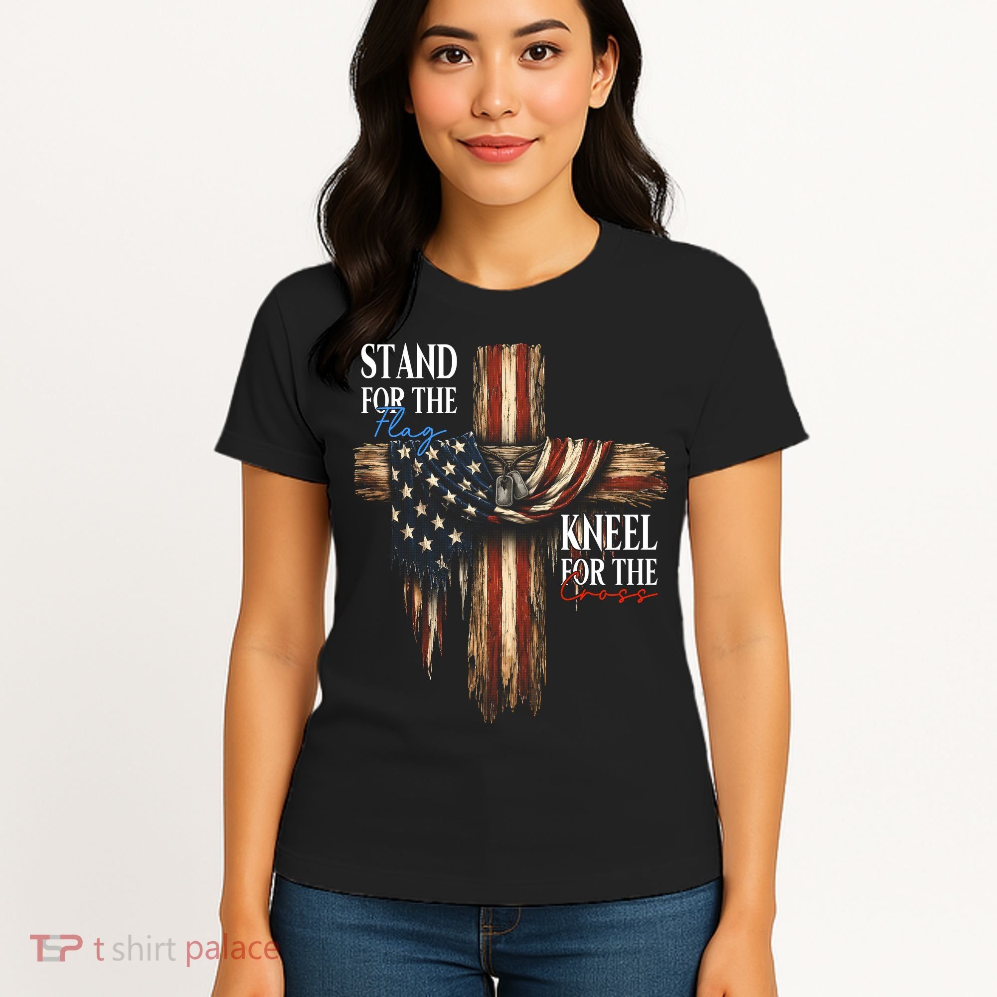 Stand For The Flag Kneel For The Cross Patriotic Christian Women's T-Shirt