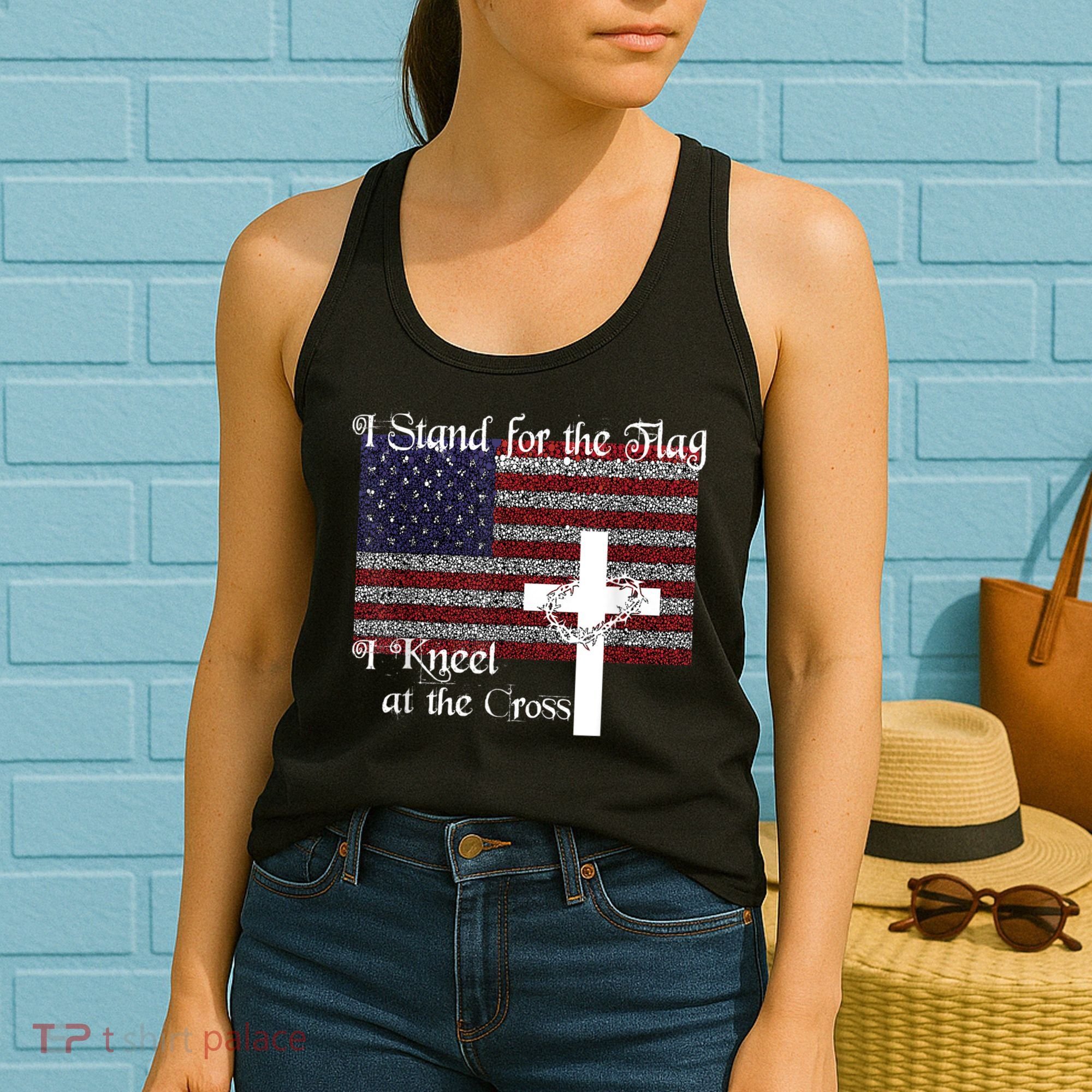 Stand For The Flag, I Kneel At The Cross Patriotic Christian Women's Tank Top
