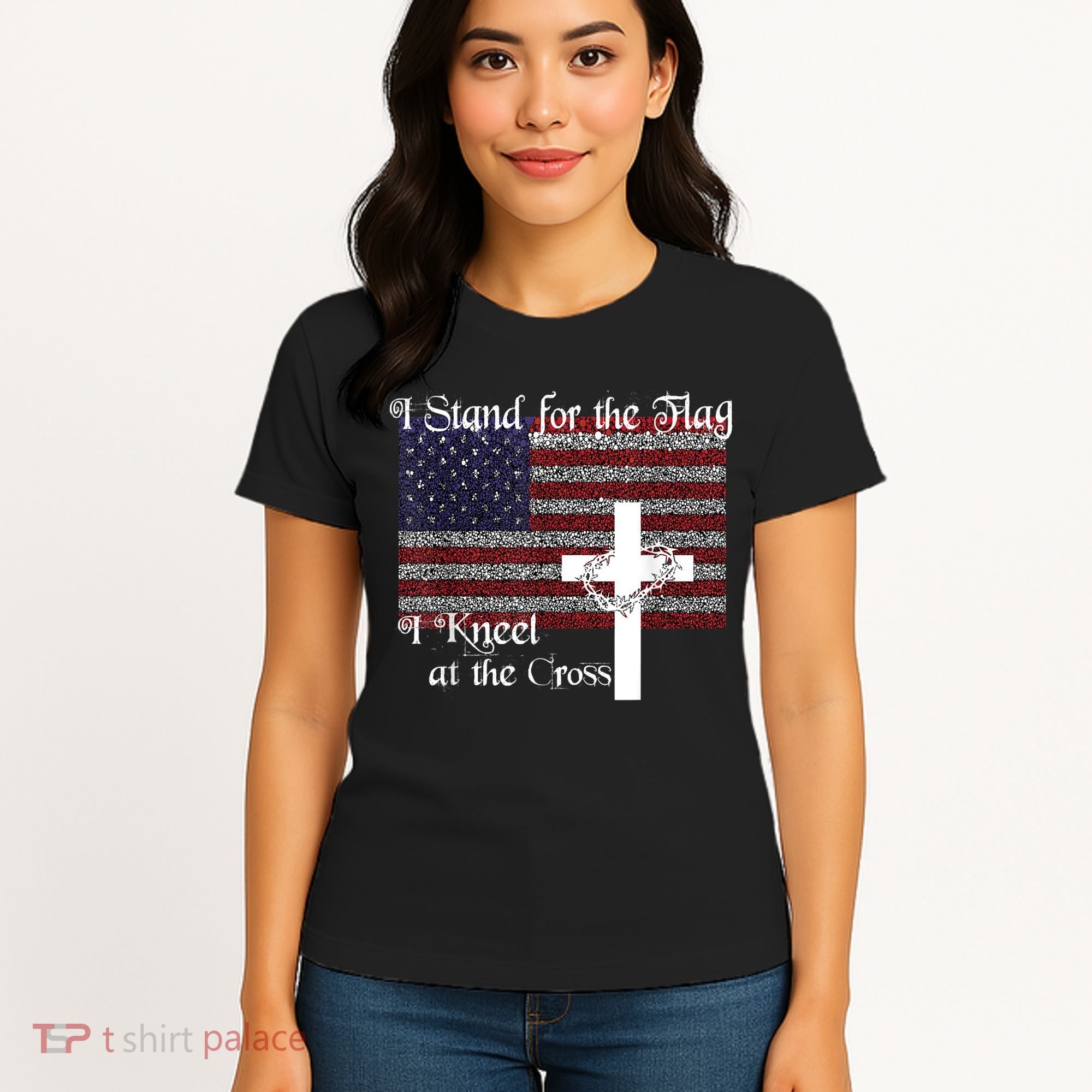 Stand For The Flag, I Kneel At The Cross Patriotic Christian Women's T-Shirt