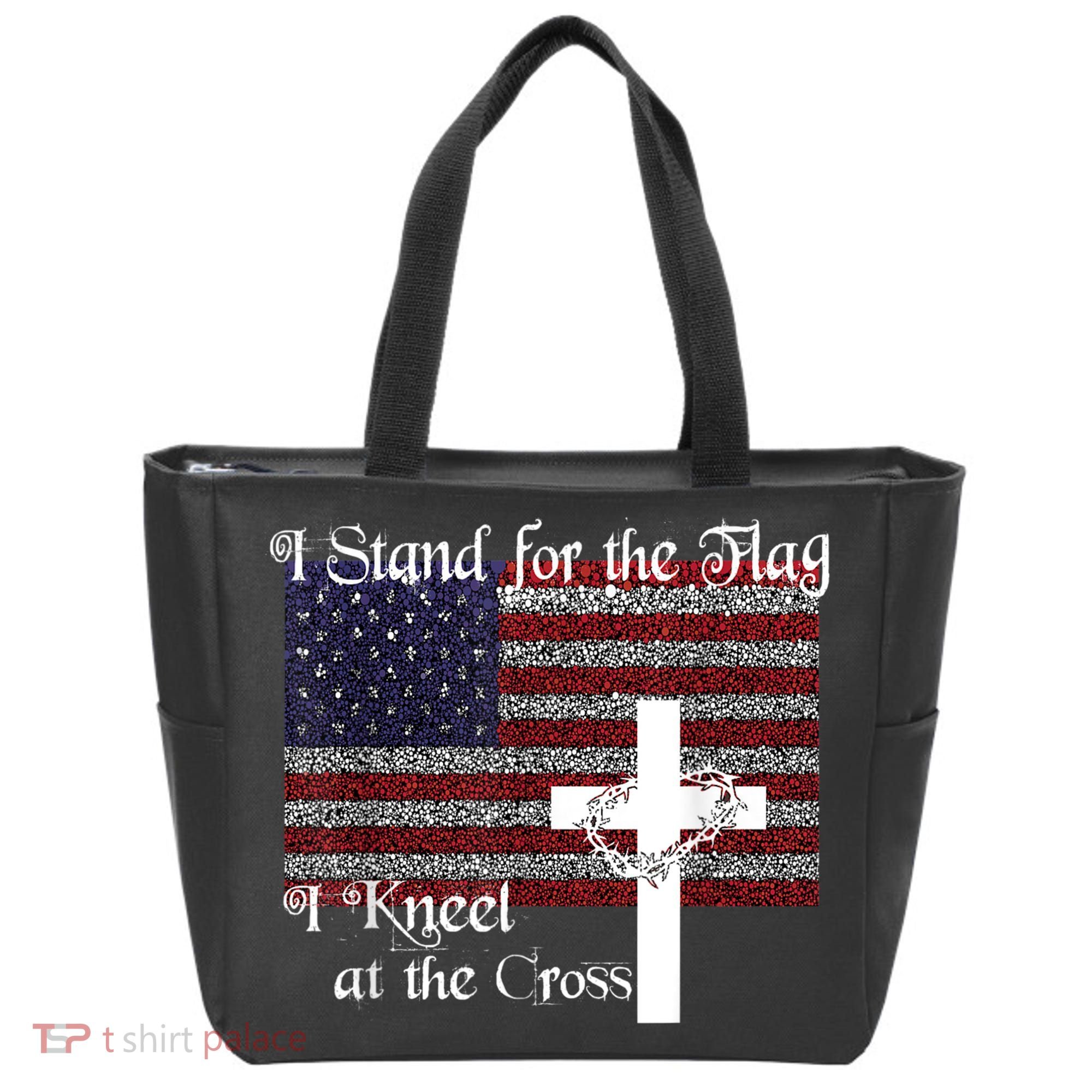 Stand For The Flag, I Kneel At The Cross Patriotic Christian Tote Bag