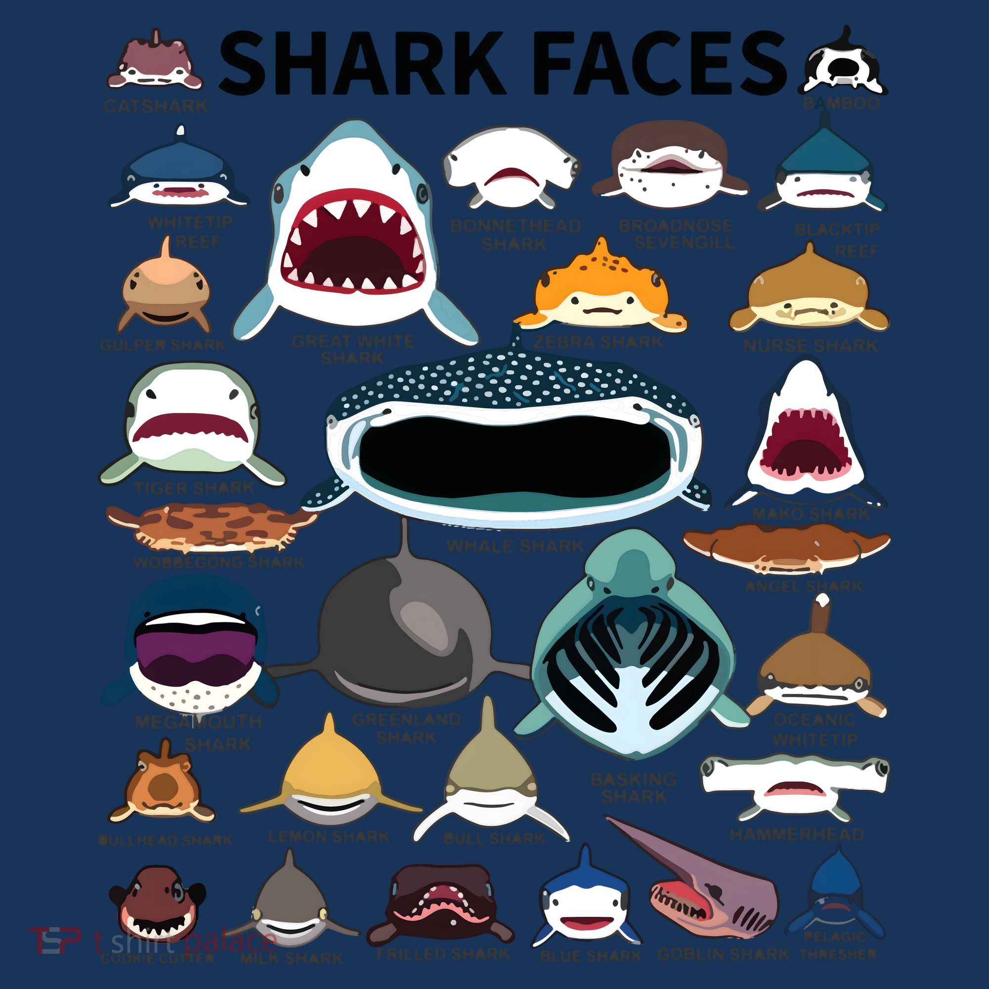 Shark Faces Type Of Shark Shark Faces Of All Kinds T-Shirt
