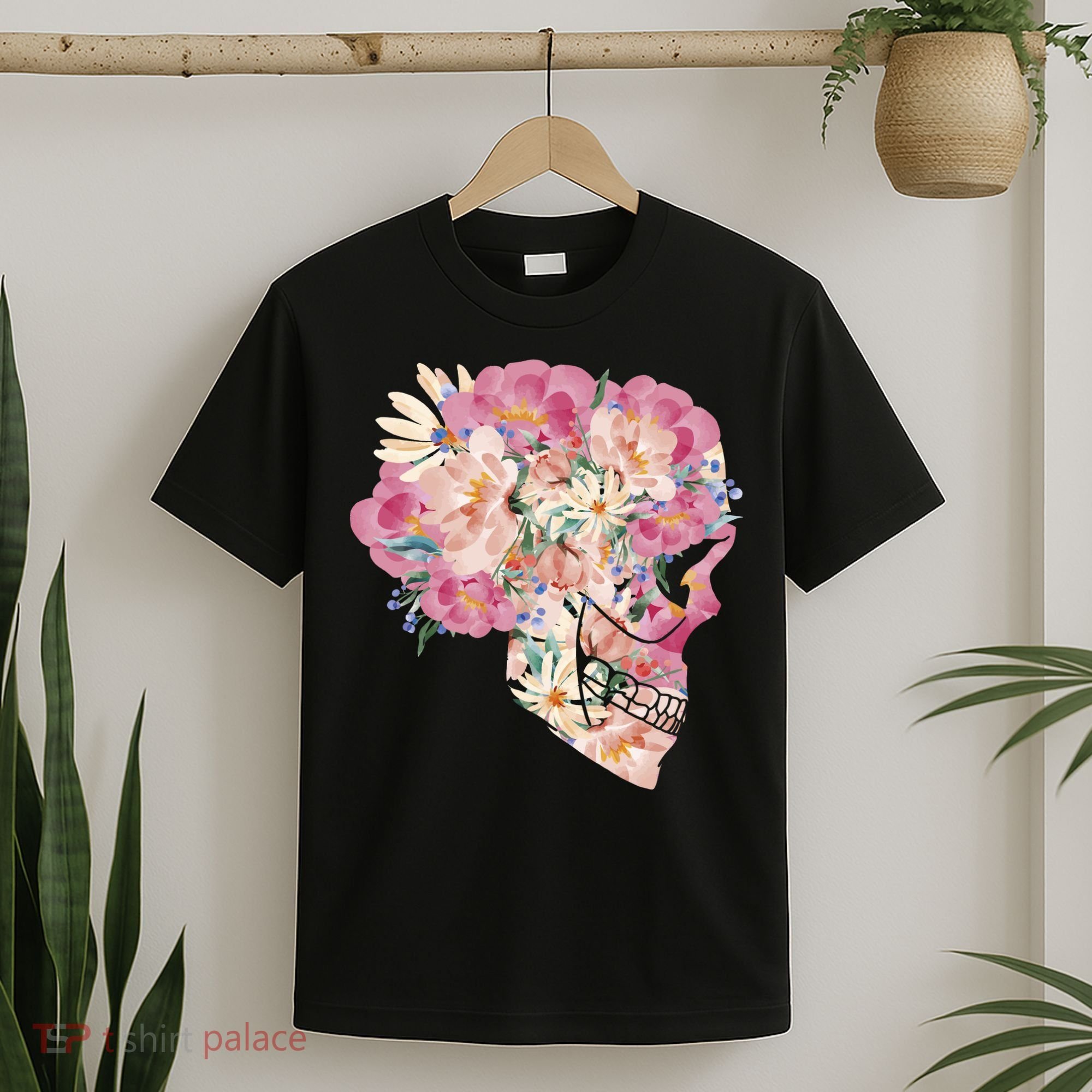Skull Floral Watercolor Art T-Shirt