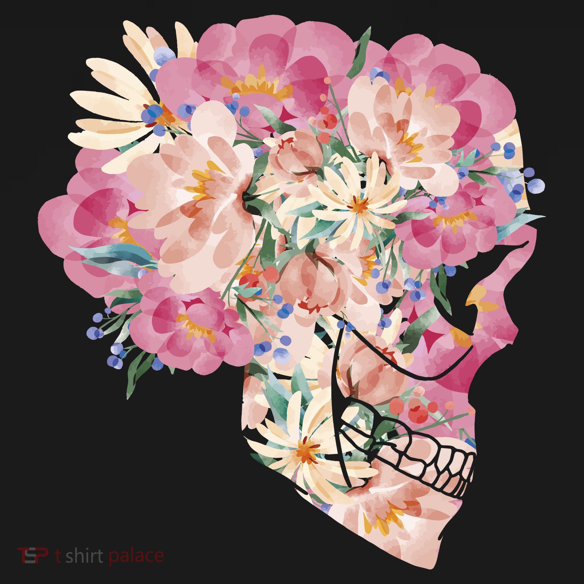 Skull Floral Watercolor Art T-Shirt