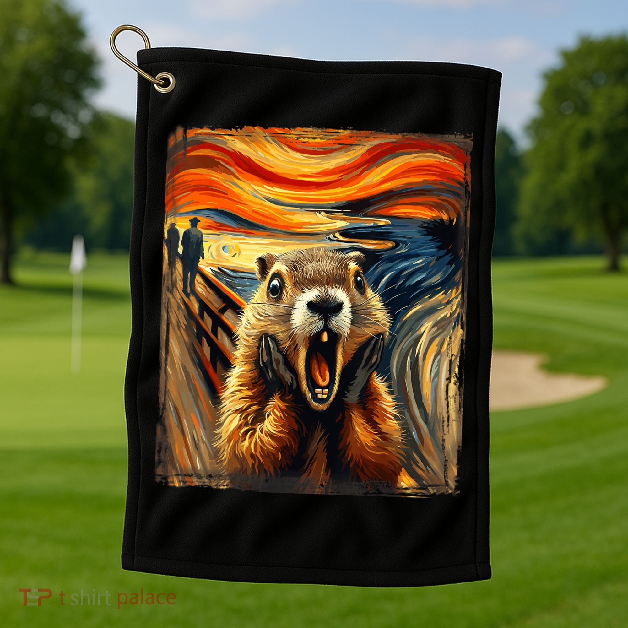 Scream Groundhog | Artistic Groundhog Day Golf Towel