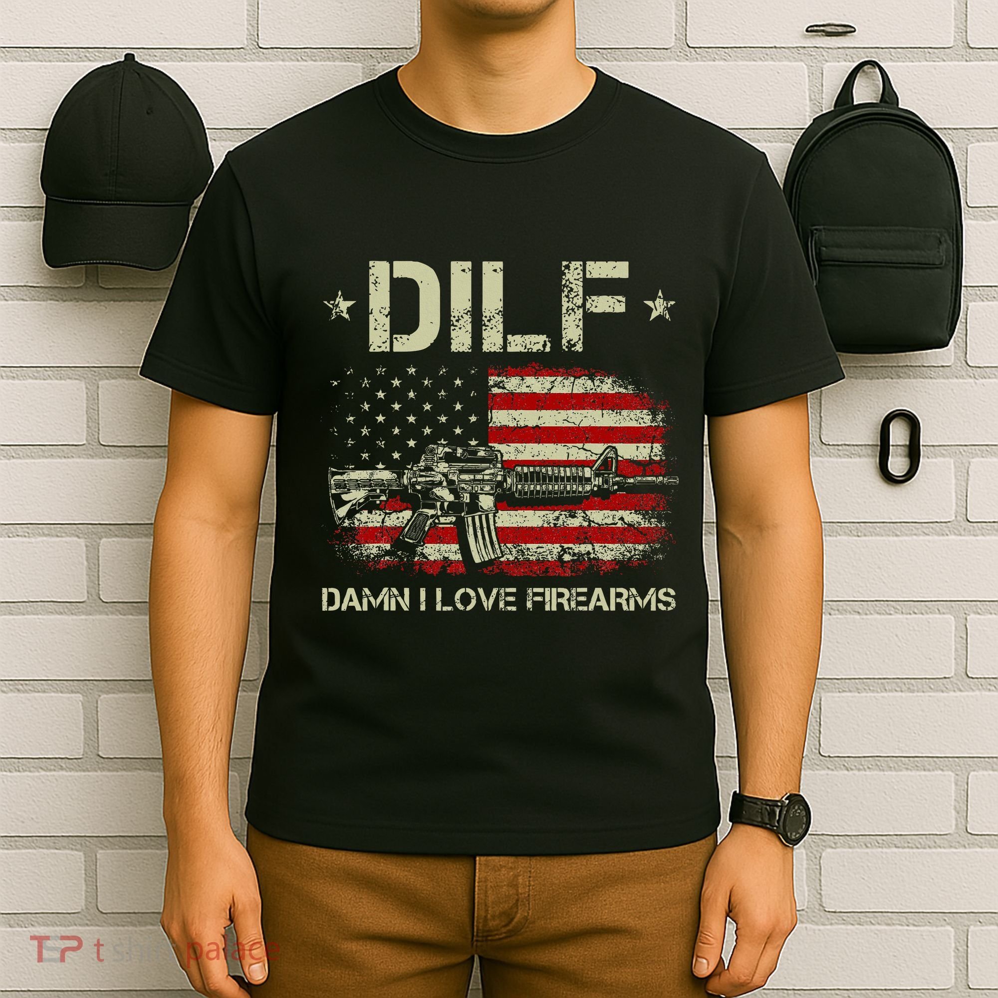 S Gun American Flag Dilf Damn I Love Firearms T-Shirt