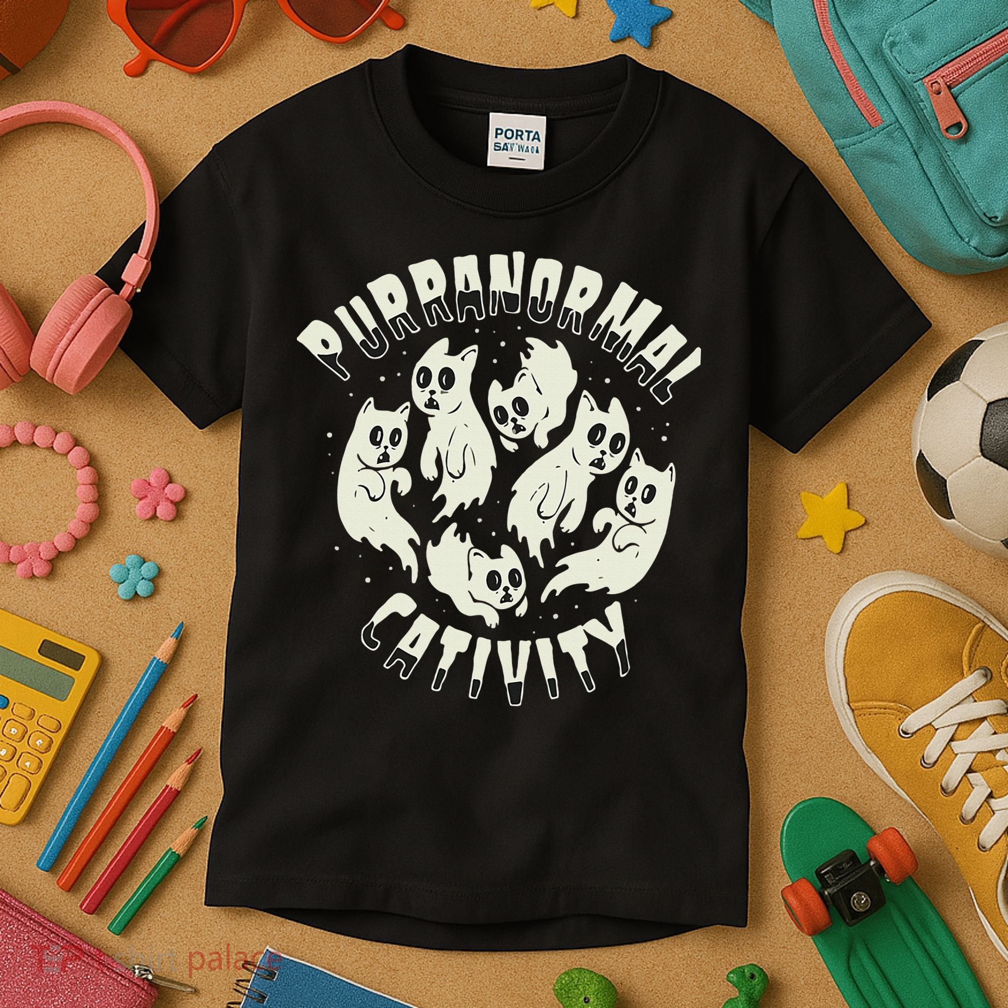Spooky Ghost Cat Paranormal Funny Activity Kids T-Shirt