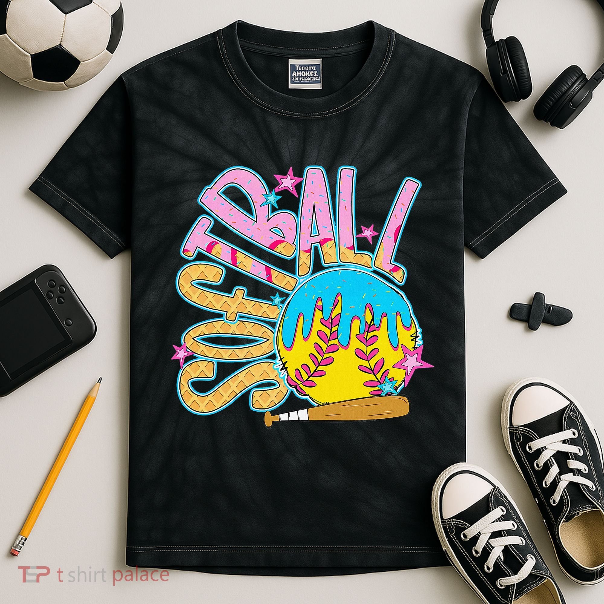 Softball Game Day Drip Ice Cream Drip Softball Kids Tie-Dye T-Shirt