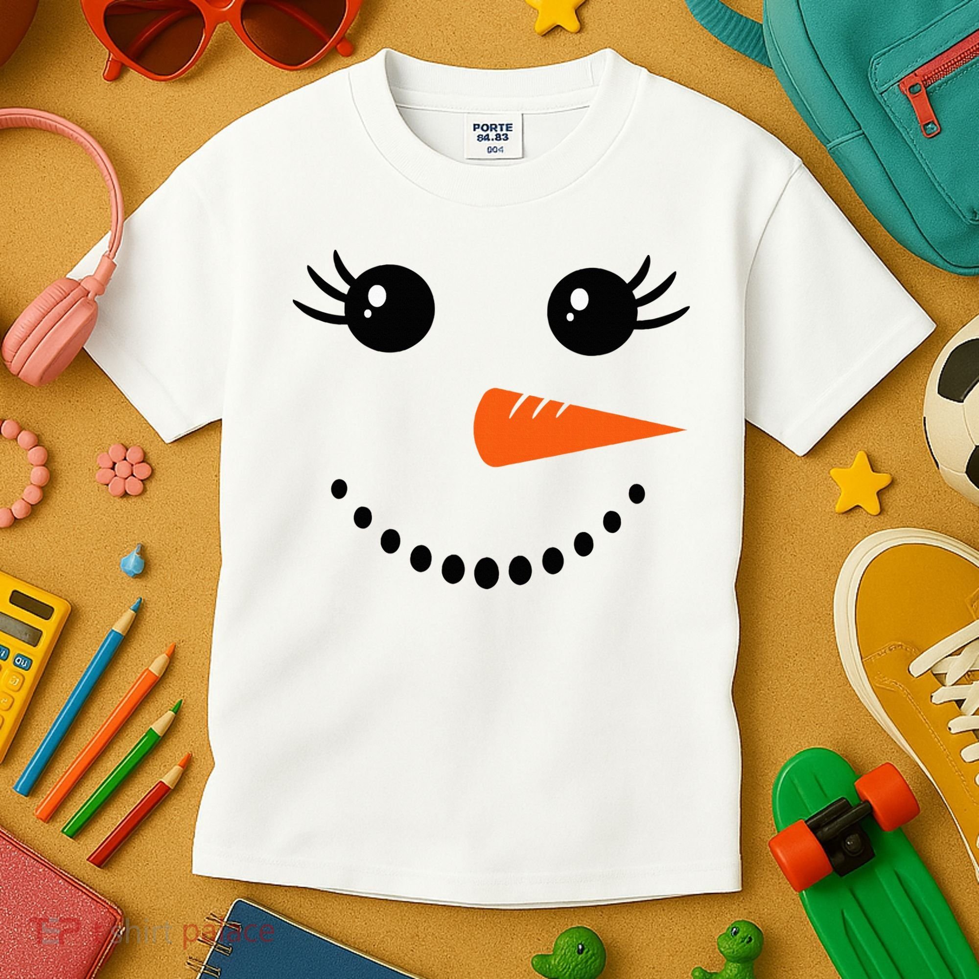Snowman Girl Face Christmas Winter Kids T-Shirt