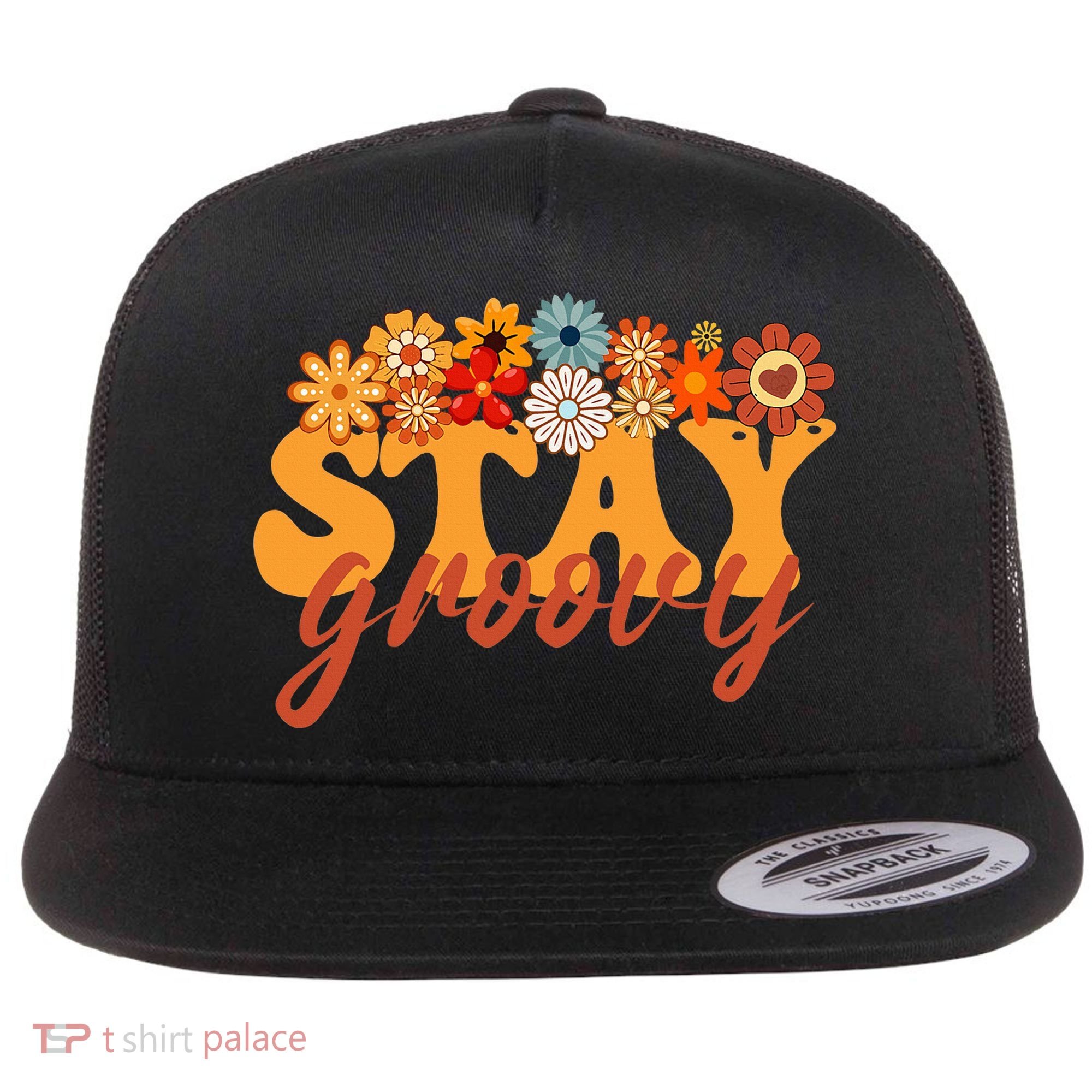Stay Groovy Flower Power Flat Bill Trucker Hat
