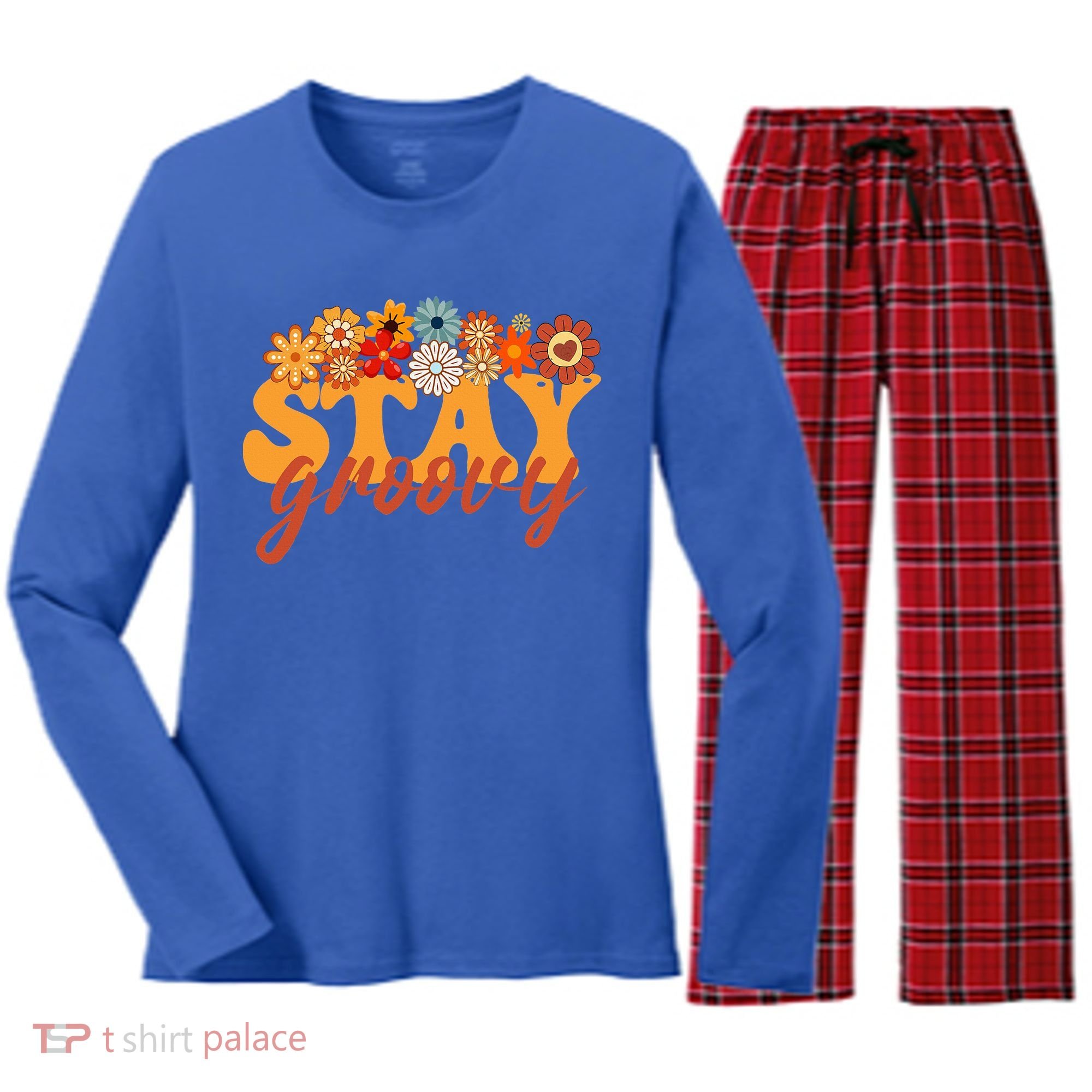 Stay Groovy Flower Power Women's Long Sleeve Flannel Pajama Set 