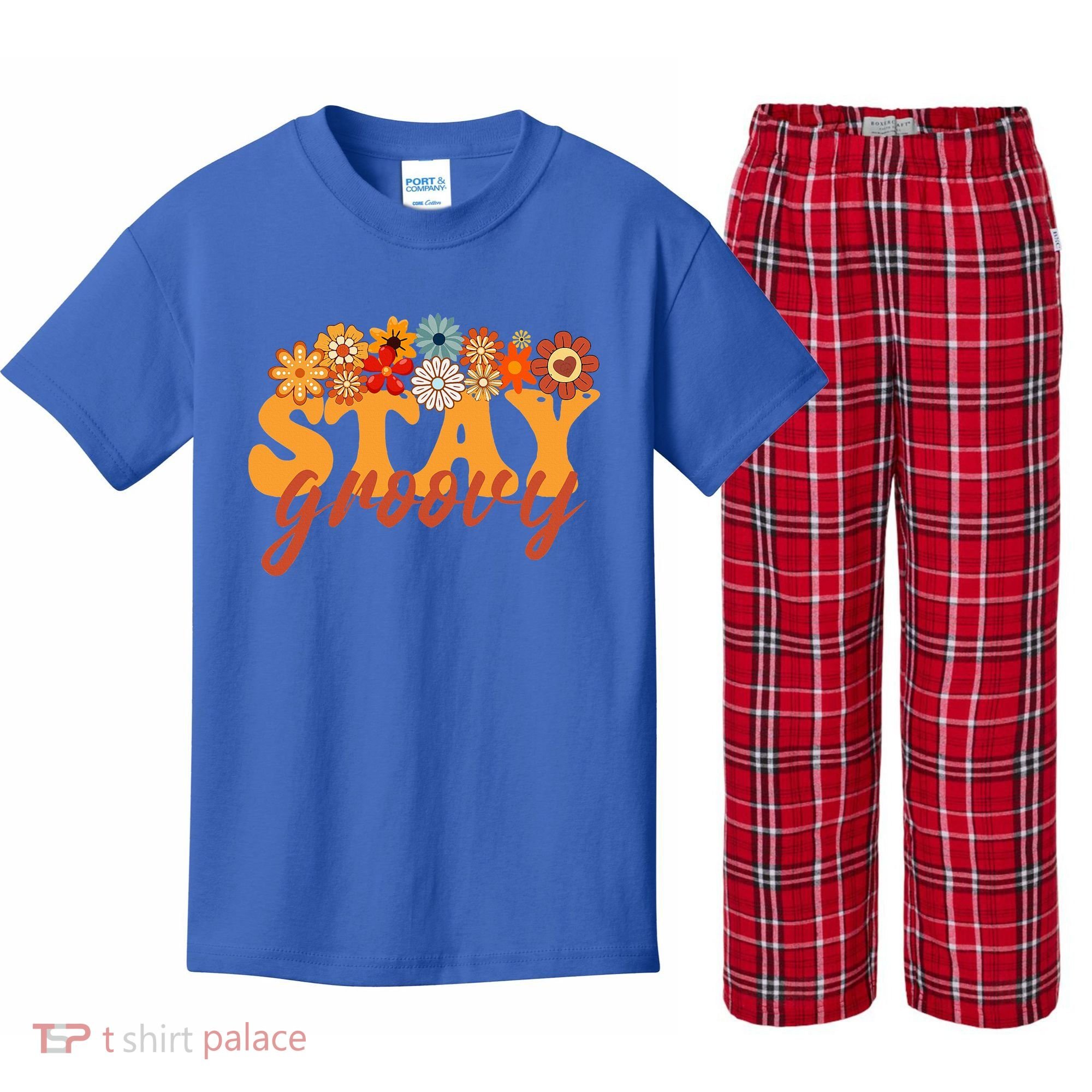 Stay Groovy Flower Power Kids Plaid Pajama Set