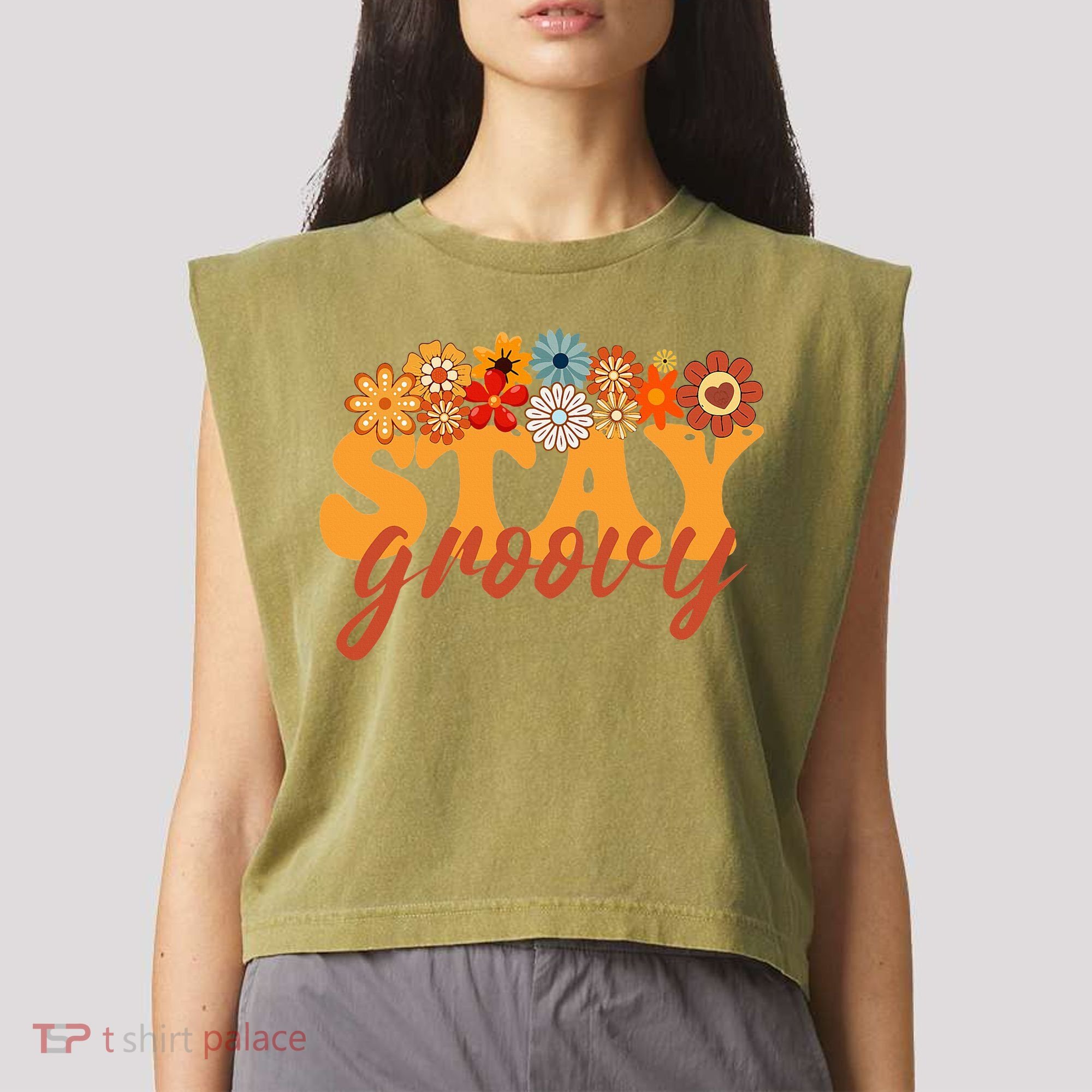 Stay Groovy Flower Power Garment-Dyed Women's Muscle Tee