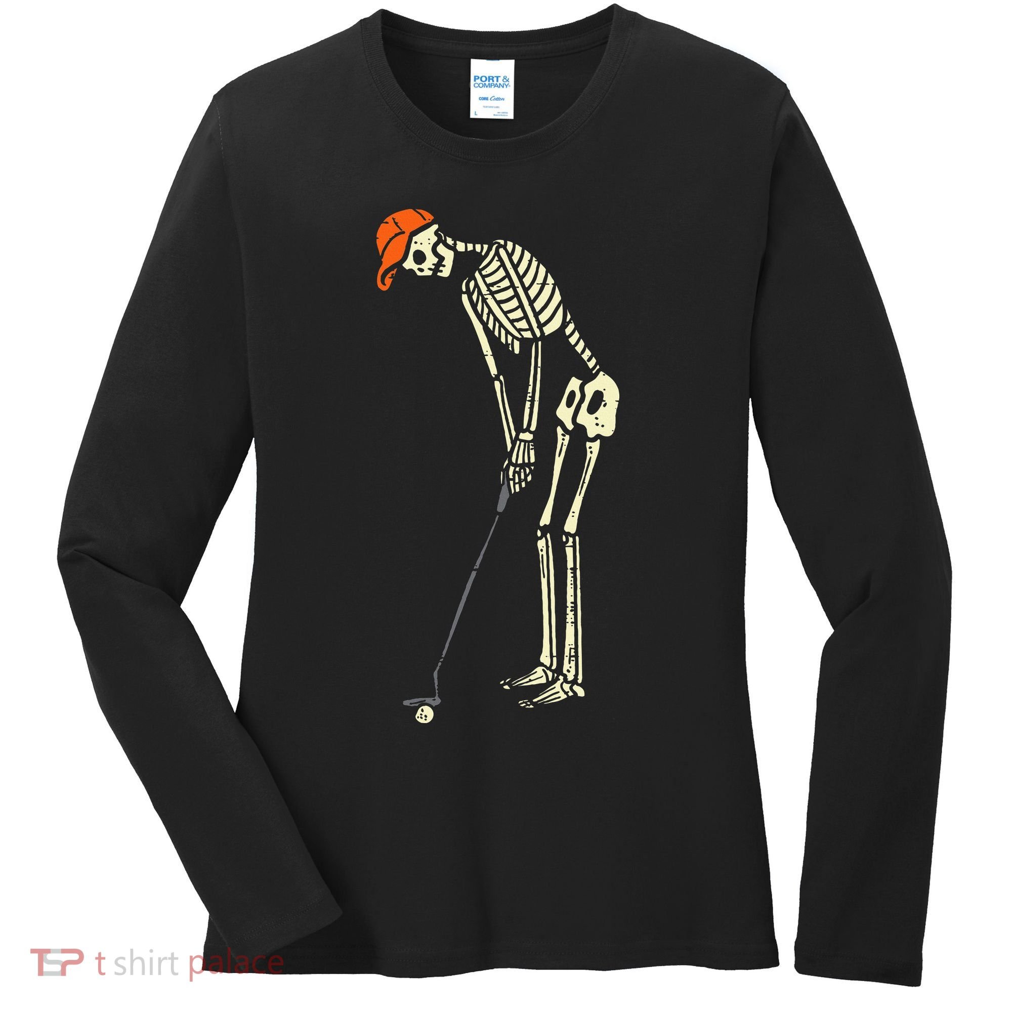 Skeleton Golf Funny Halloween Golfing Sports Golfer Women's Long Sleeve Shirt