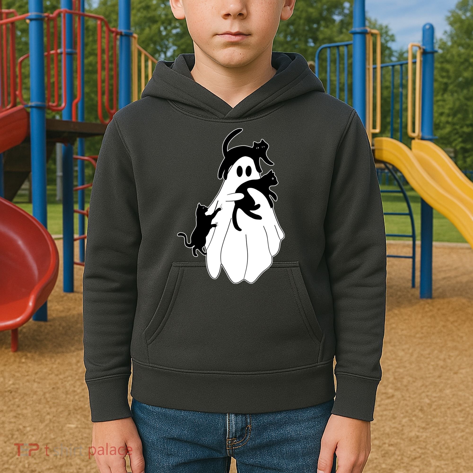 Spooky Ghost Funny Cat Lover Kids Hoodie