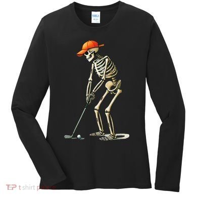 Skeleton Golf Halloween Golfer Golf Player Funny Gift Women's Long Sleeve Shirt