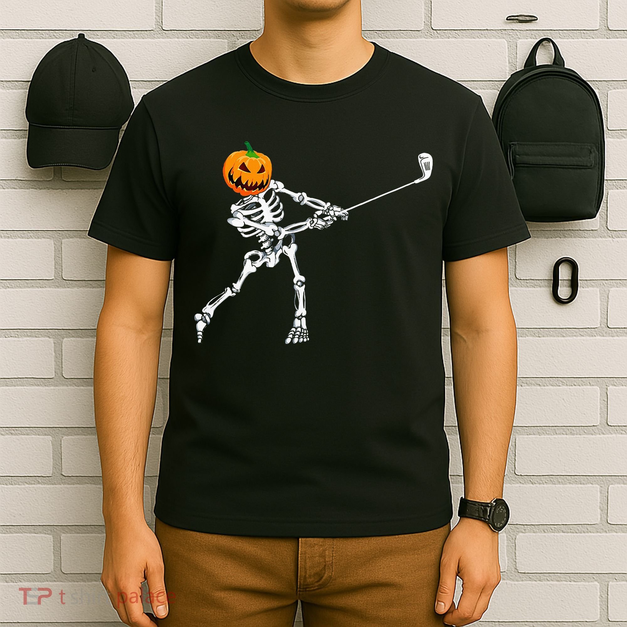 Skeleton Golf Halloween Pumpkin Golfing Golfer T-Shirt