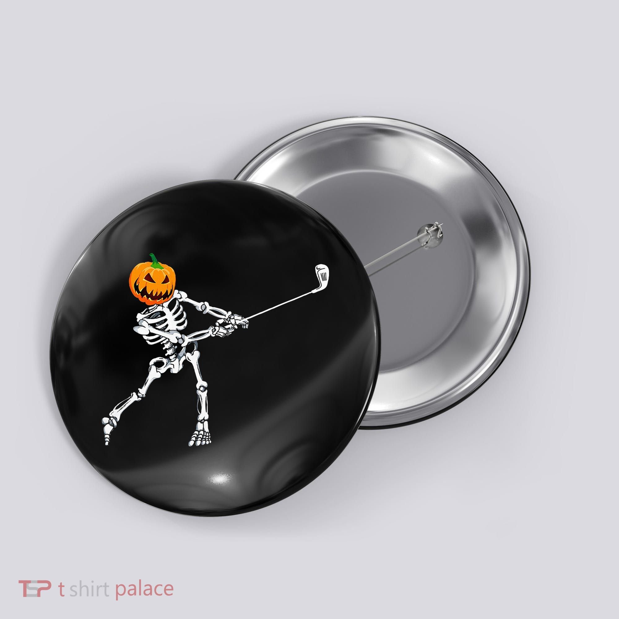 Skeleton Golf Halloween Pumpkin Golfing Golfer Button