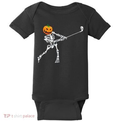 Skeleton Golf Halloween Pumpkin Golfing Golfer Baby Bodysuit
