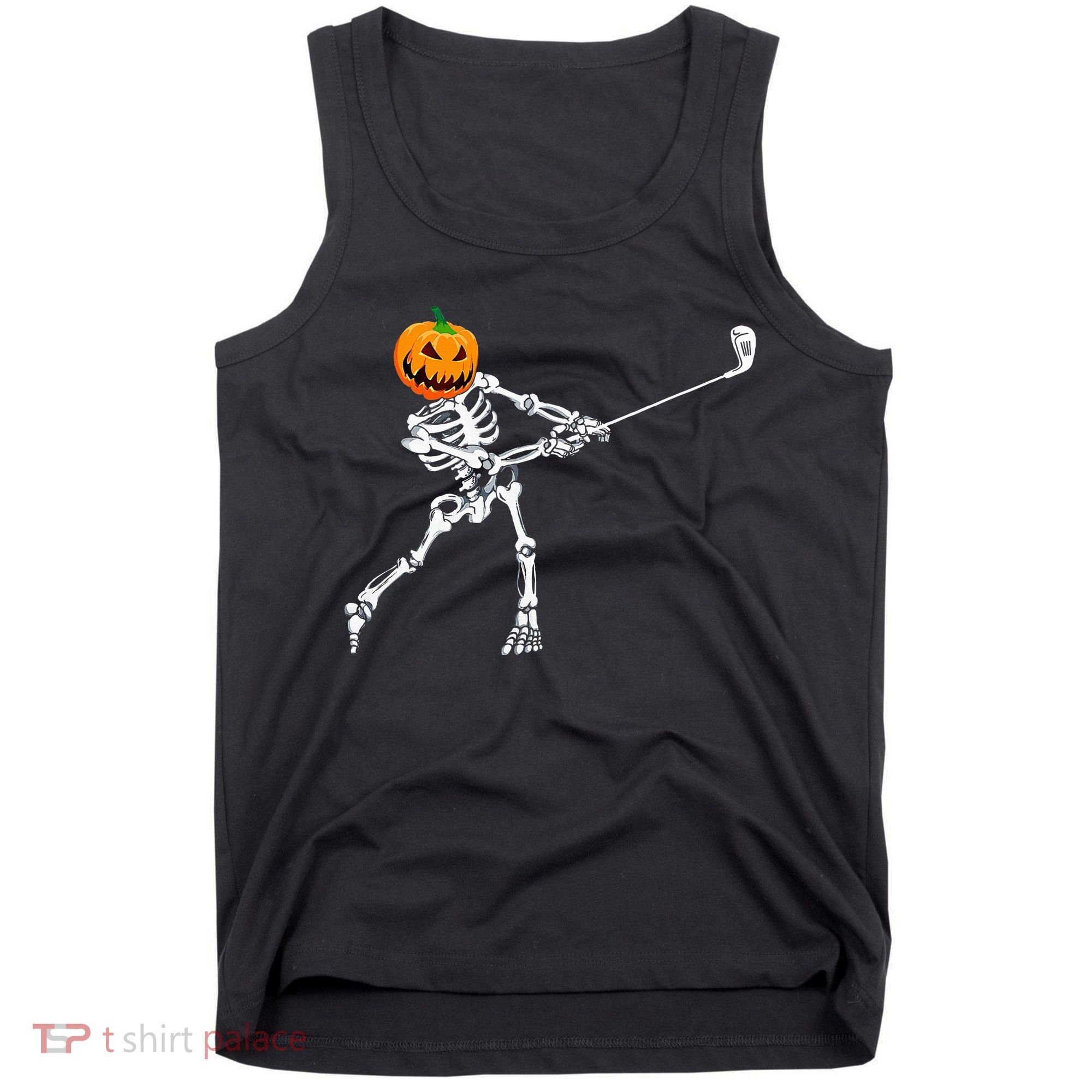 Skeleton Golf Halloween Pumpkin Golfing Golfer Tank Top