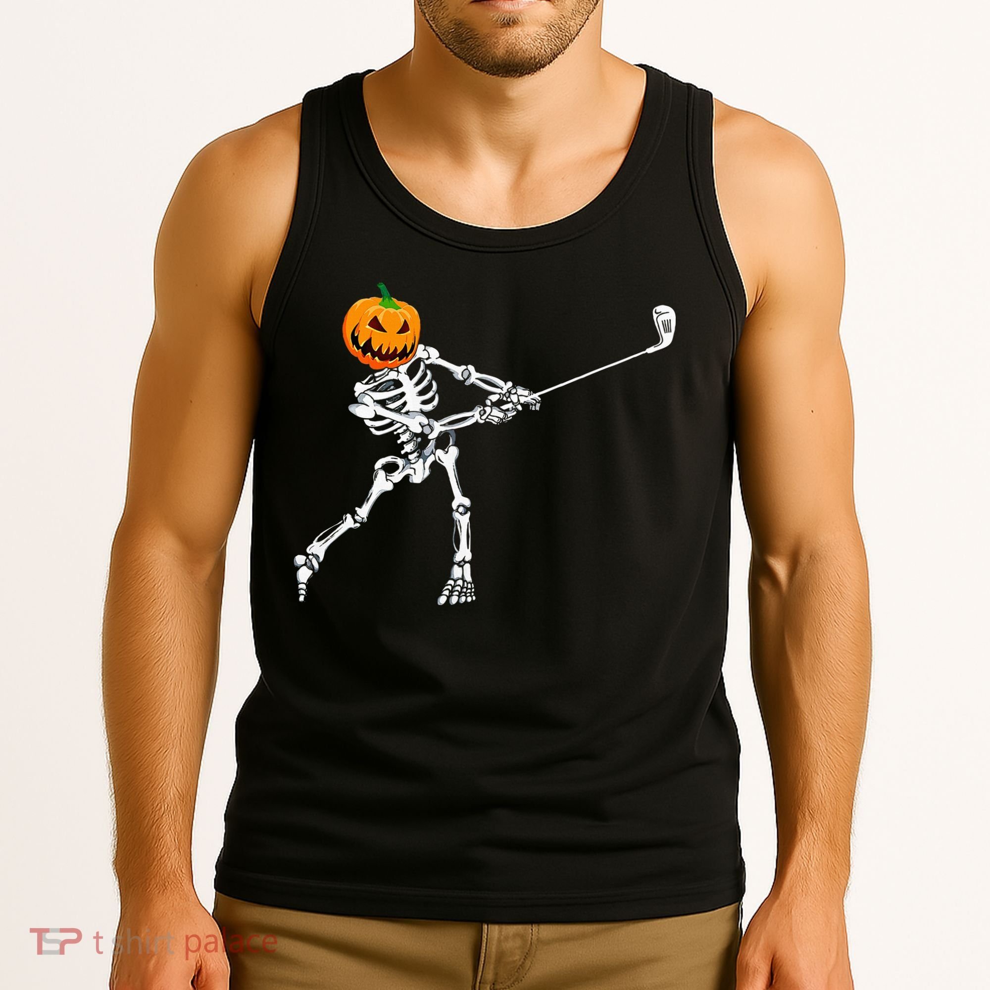 Skeleton Golf Halloween Pumpkin Golfing Golfer Tank Top